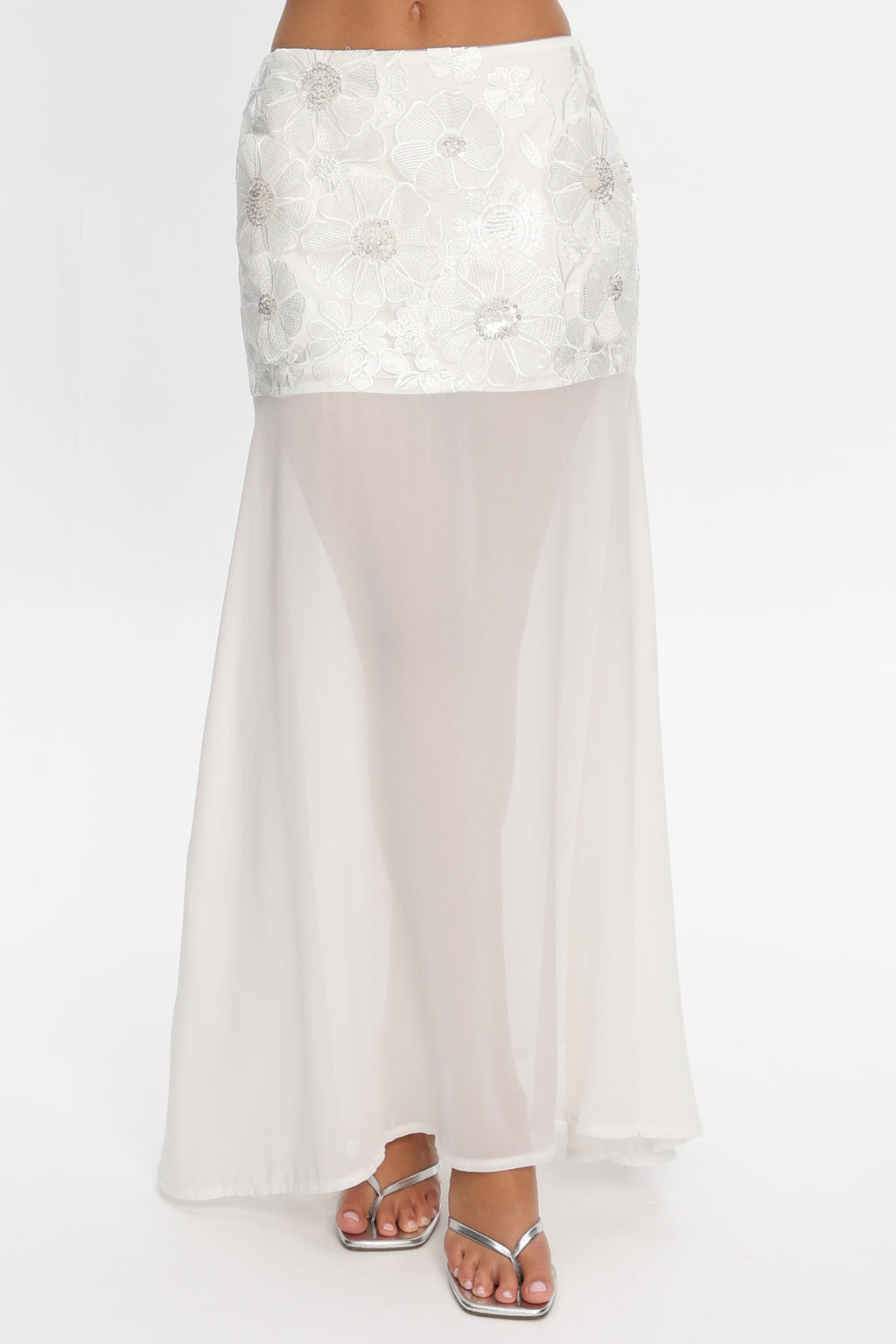 Opulent Sheer Hem Maxi Skirt Embroidered Off White