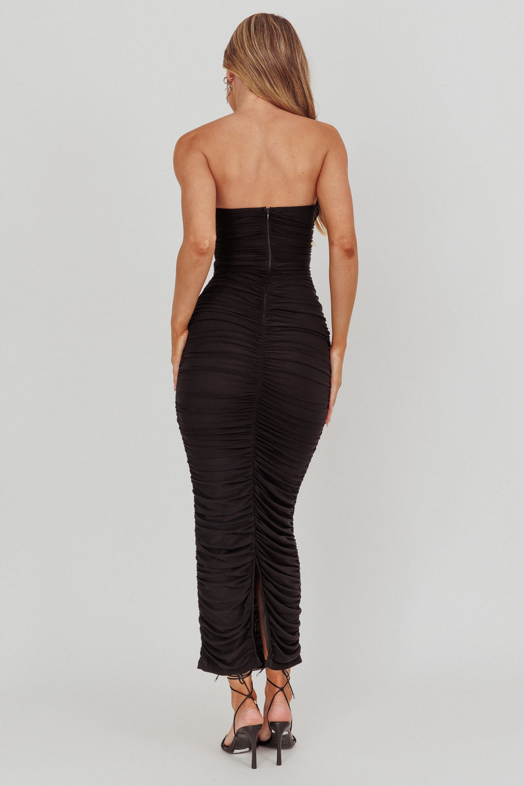 Midwest Strapless Gathered Mesh Maxi Dress Black by Selfie Leslie Australia