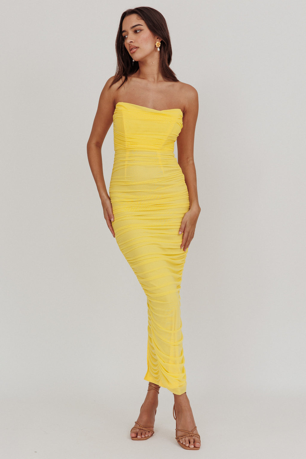 Midwest Strapless Gathered Mesh Maxi Dress Lemon by Selfie Leslie Australia