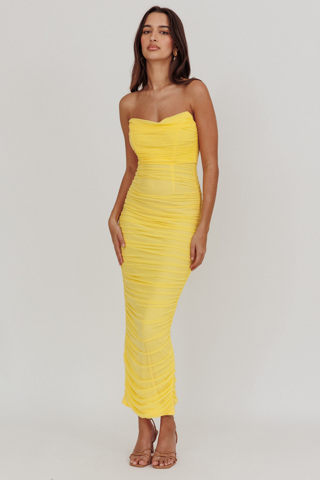 Midwest Strapless Gathered Mesh Maxi Dress Lemon by Selfie Leslie Australia