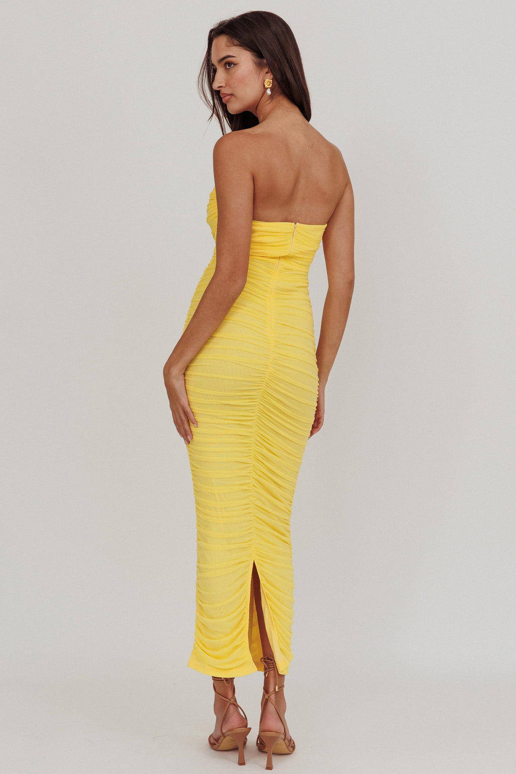 Midwest Strapless Gathered Mesh Maxi Dress Lemon by Selfie Leslie Australia