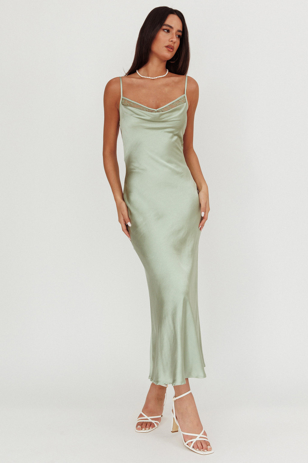 Gentle Touch Cowl Neck Satin Maxi Dress Sage by Selfie Leslie Australia