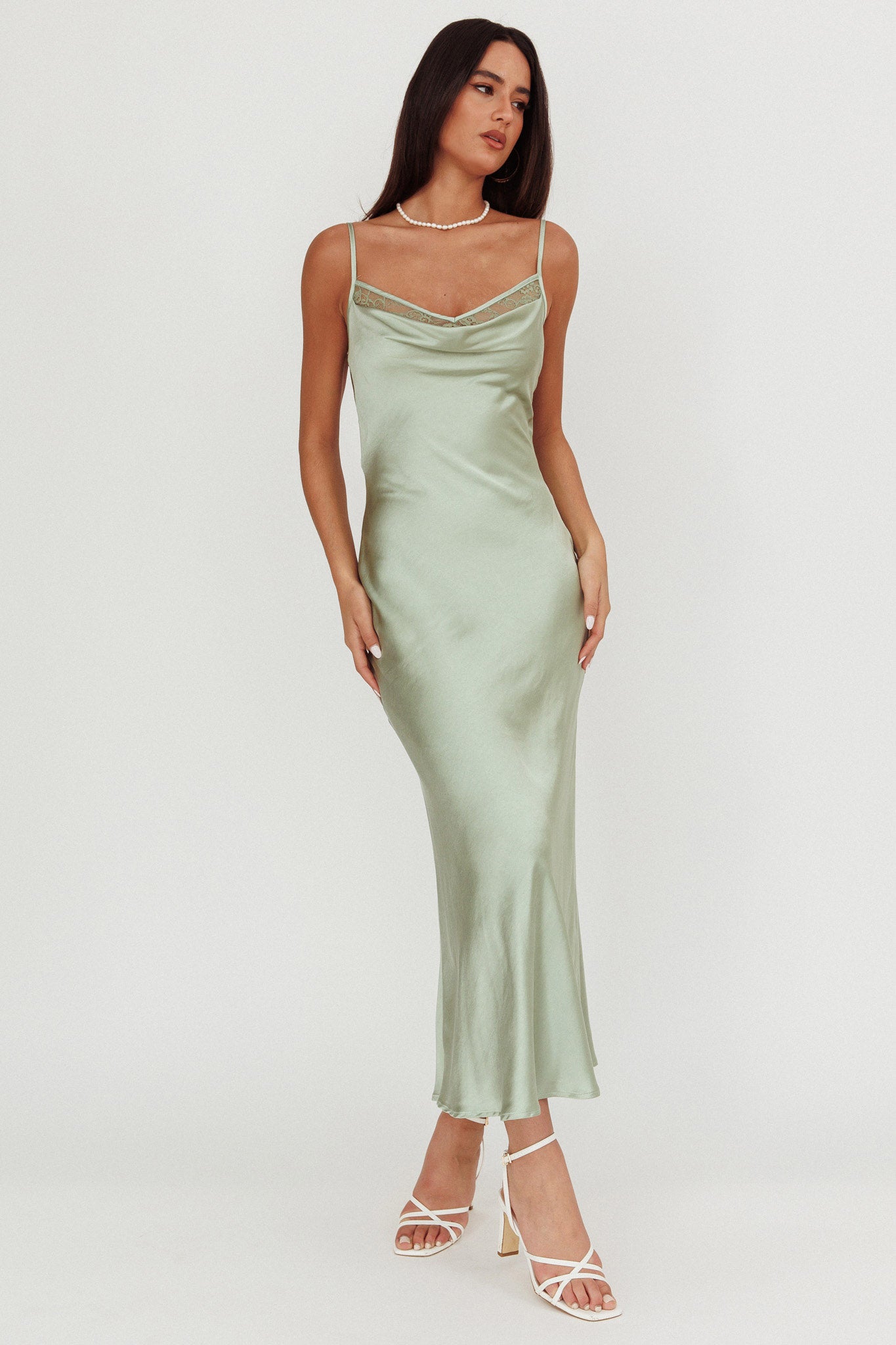 Gentle Touch Cowl Neck Satin Maxi Dress Sage by Selfie Leslie Australia