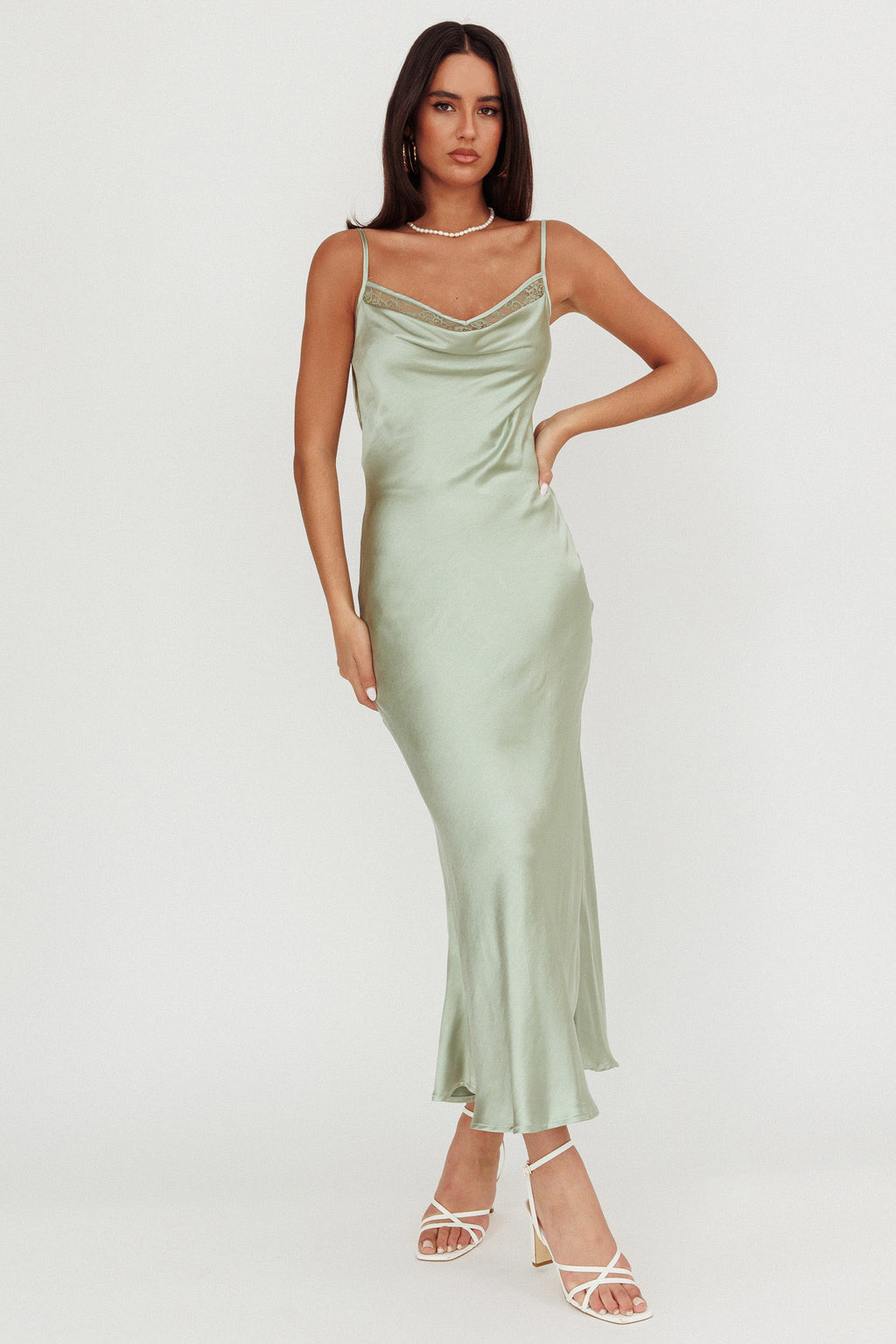 Gentle Touch Cowl Neck Satin Maxi Dress Sage by Selfie Leslie Australia