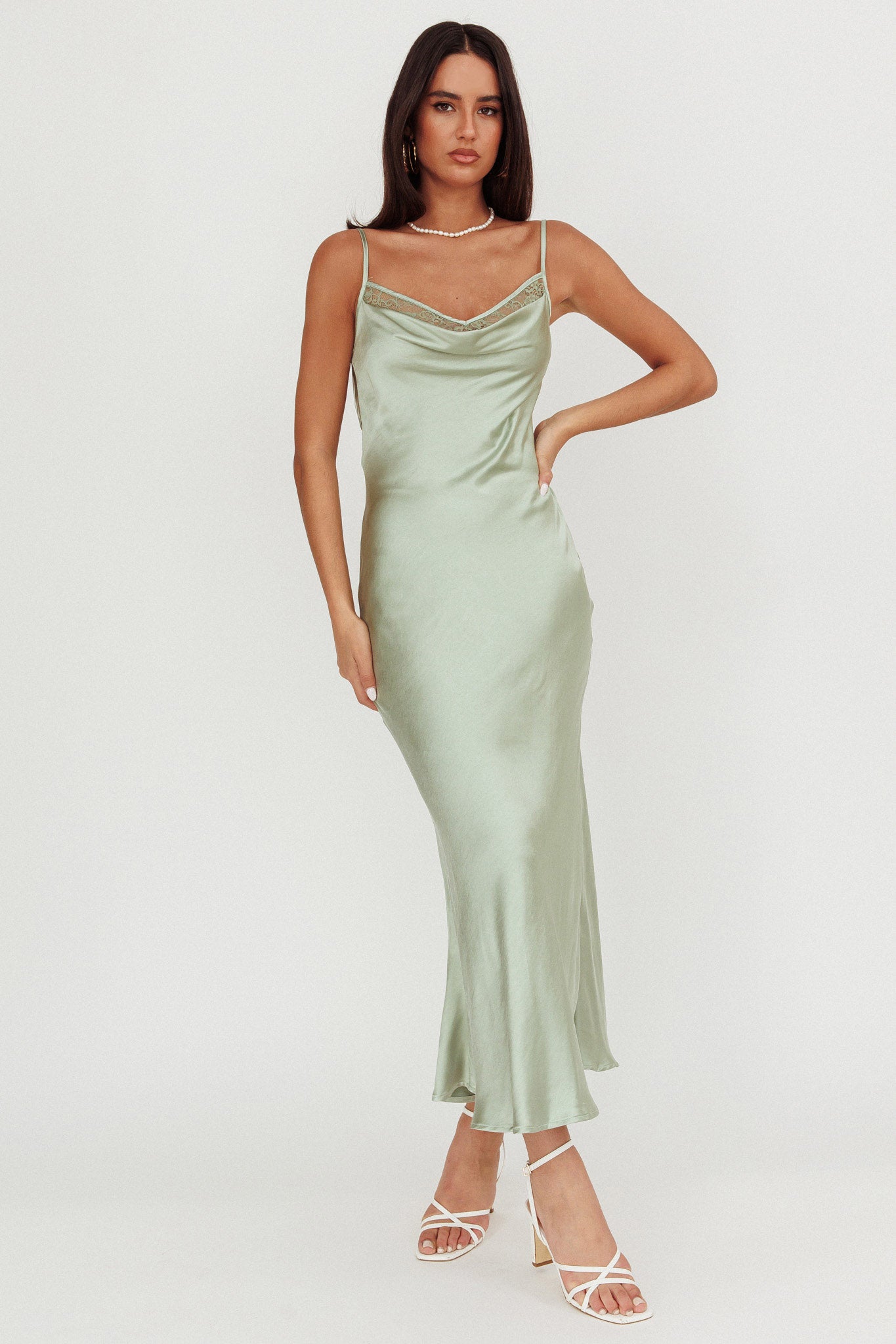 Gentle Touch Cowl Neck Satin Maxi Dress Sage by Selfie Leslie Australia