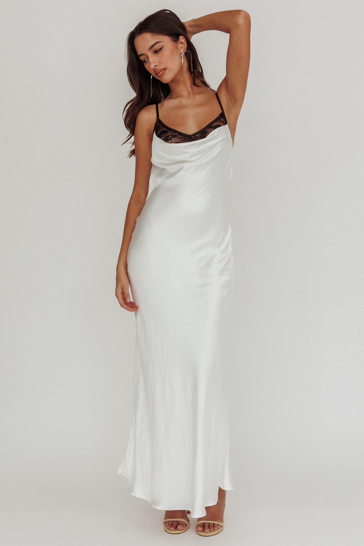 cowl neck formal dress australia Gentle Touch Satin Maxi White satin cowl neck dress
