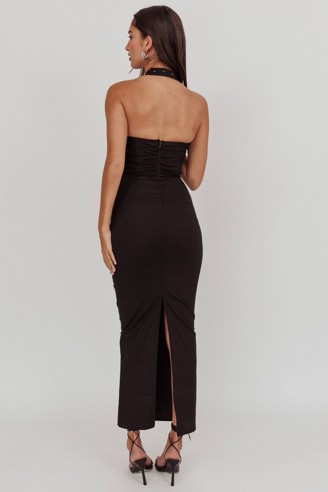 Scout Halterneck Ruched Maxi Dress Black by Selfie Leslie Australia