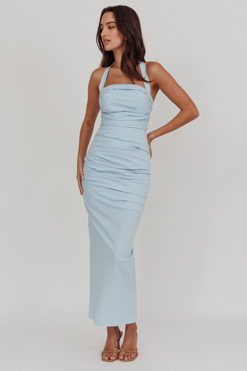 Scout Halterneck Ruched Maxi Dress Blue by Selfie Leslie Australia