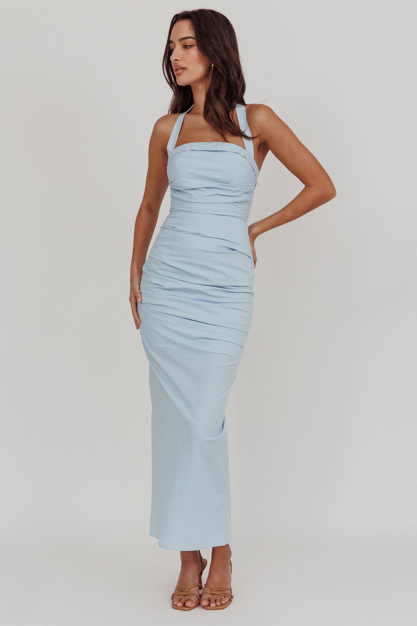 Scout Halterneck Ruched Maxi Dress Blue by Selfie Leslie Australia
