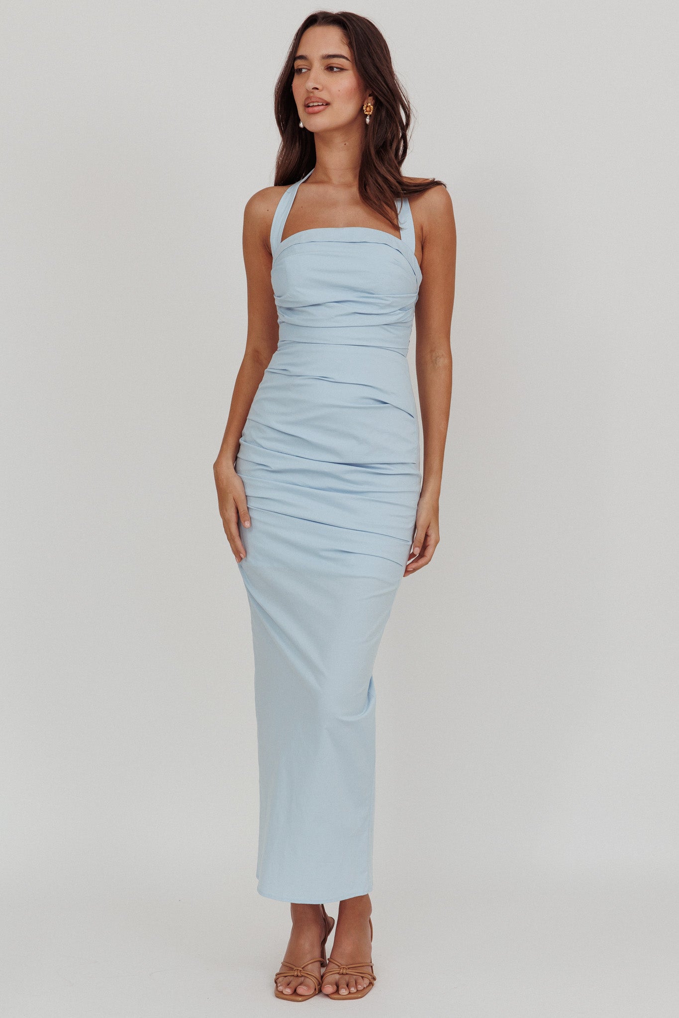 Scout Halterneck Ruched Maxi Dress Blue by Selfie Leslie Australia