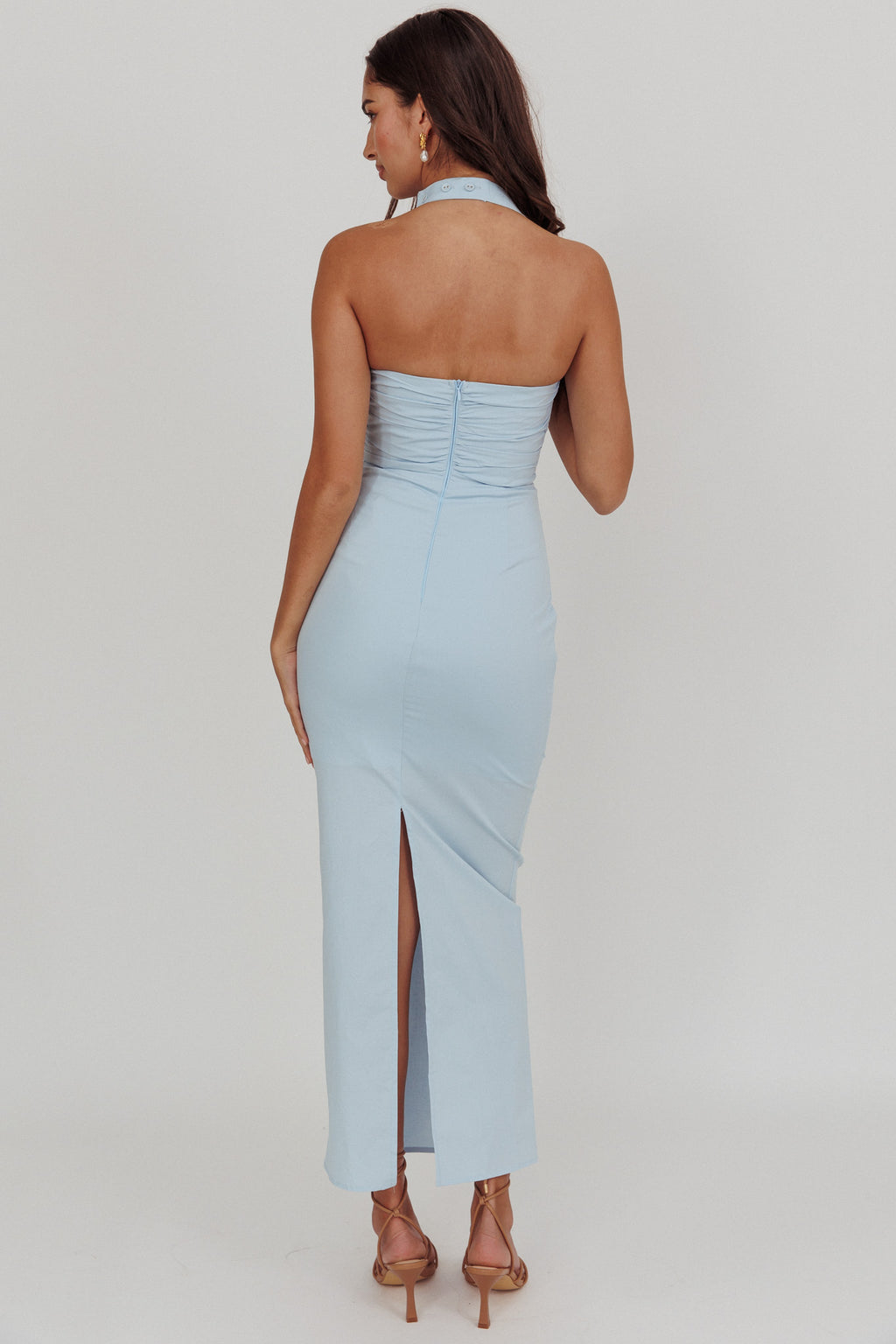 Scout Halterneck Ruched Maxi Dress Blue by Selfie Leslie Australia