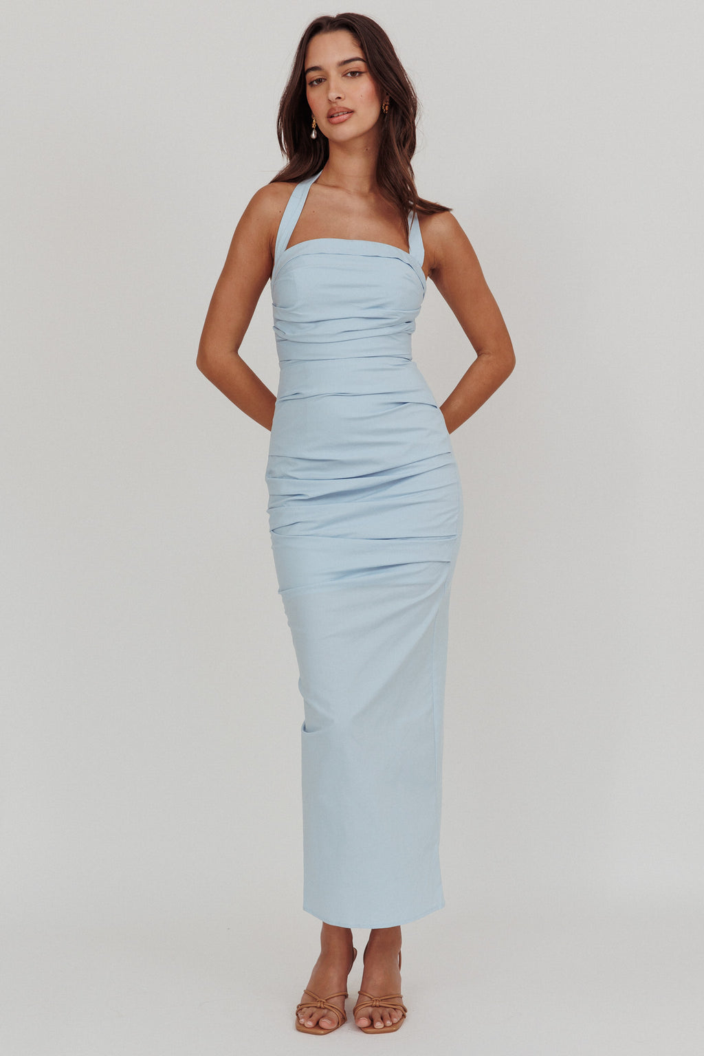 Scout Halterneck Ruched Maxi Dress Blue by Selfie Leslie Australia