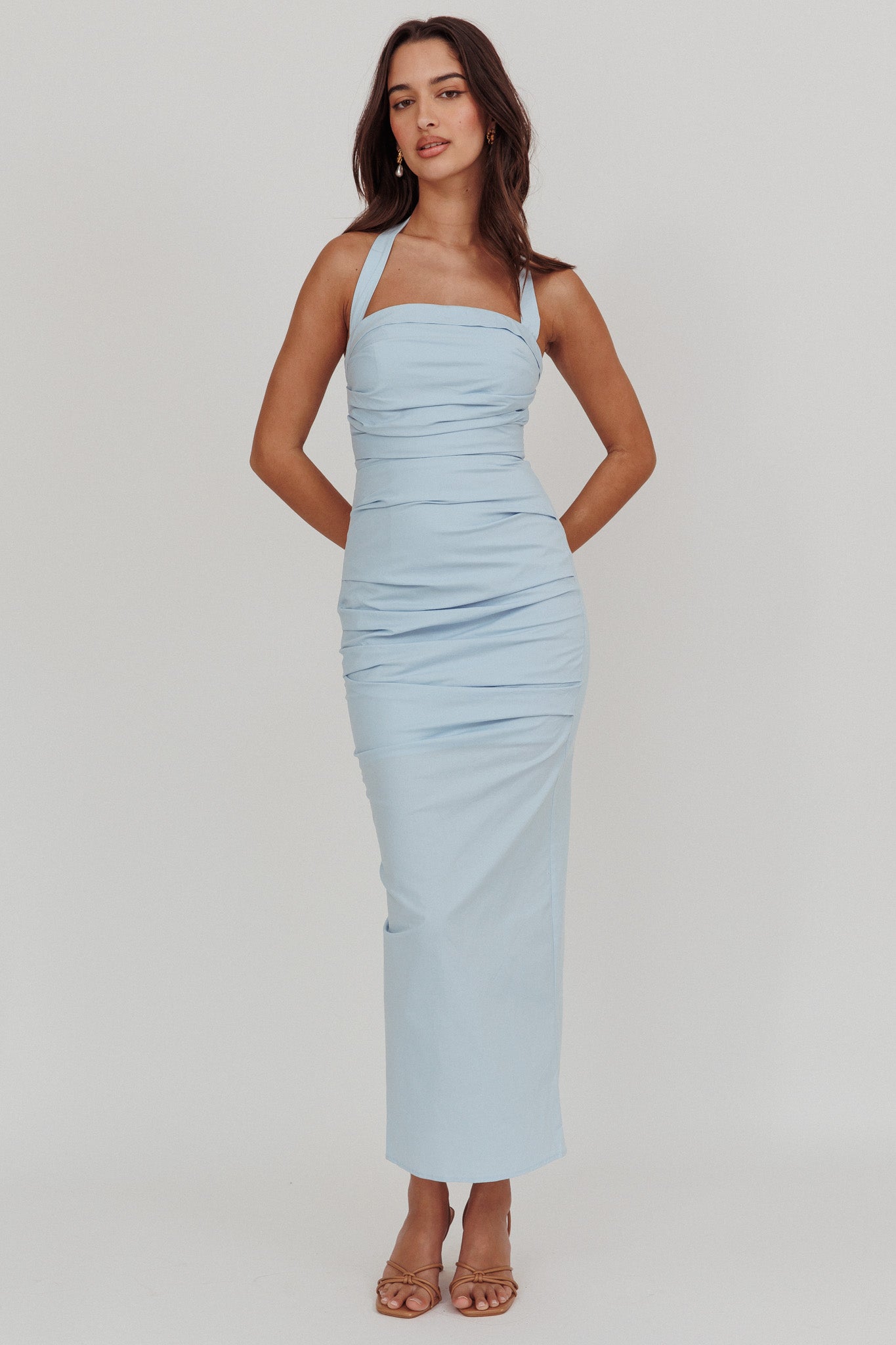 Scout Halterneck Ruched Maxi Dress Blue by Selfie Leslie Australia