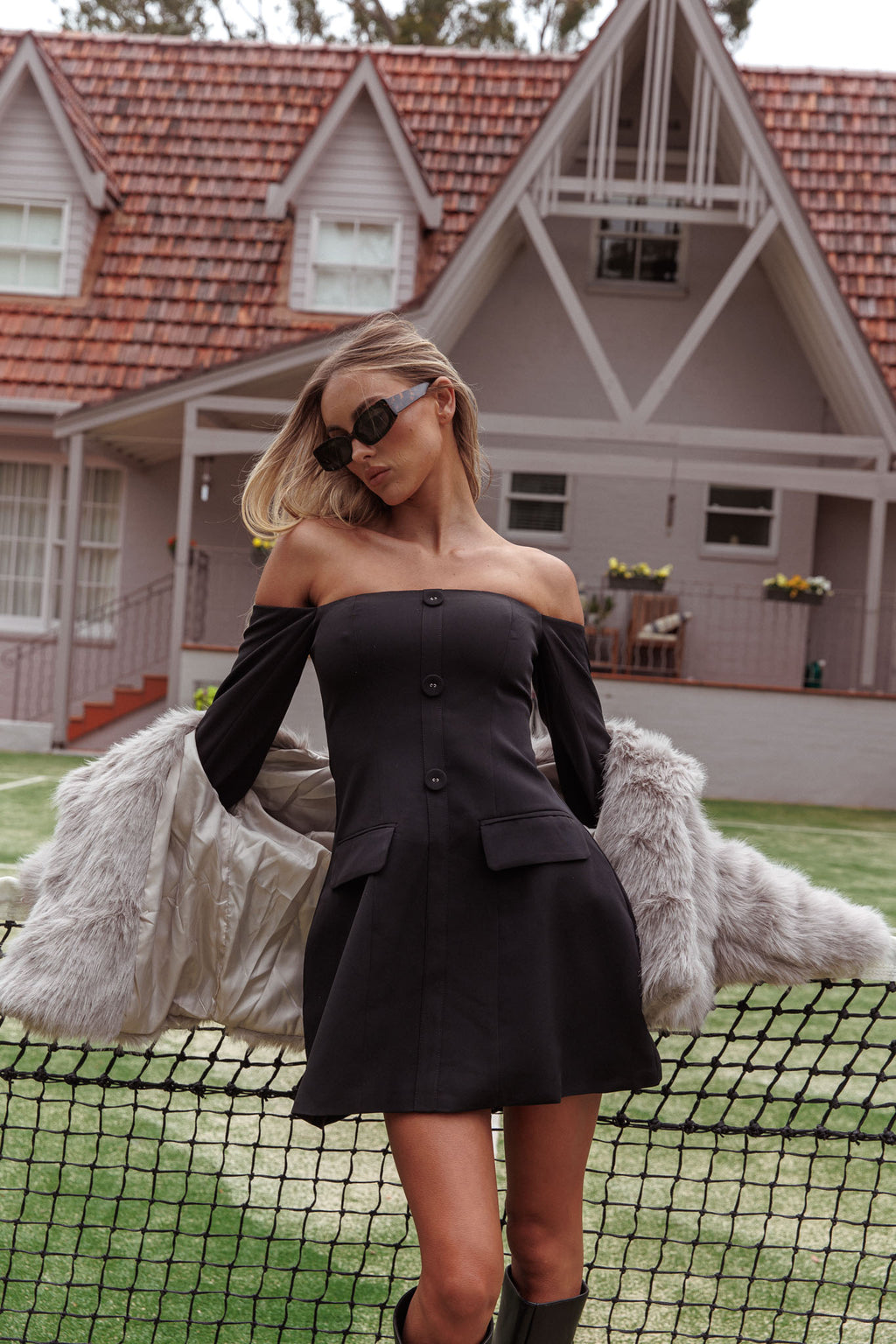 Cherry Wine Off Shoulder Mini Dress Black by Selfie Leslie Australia