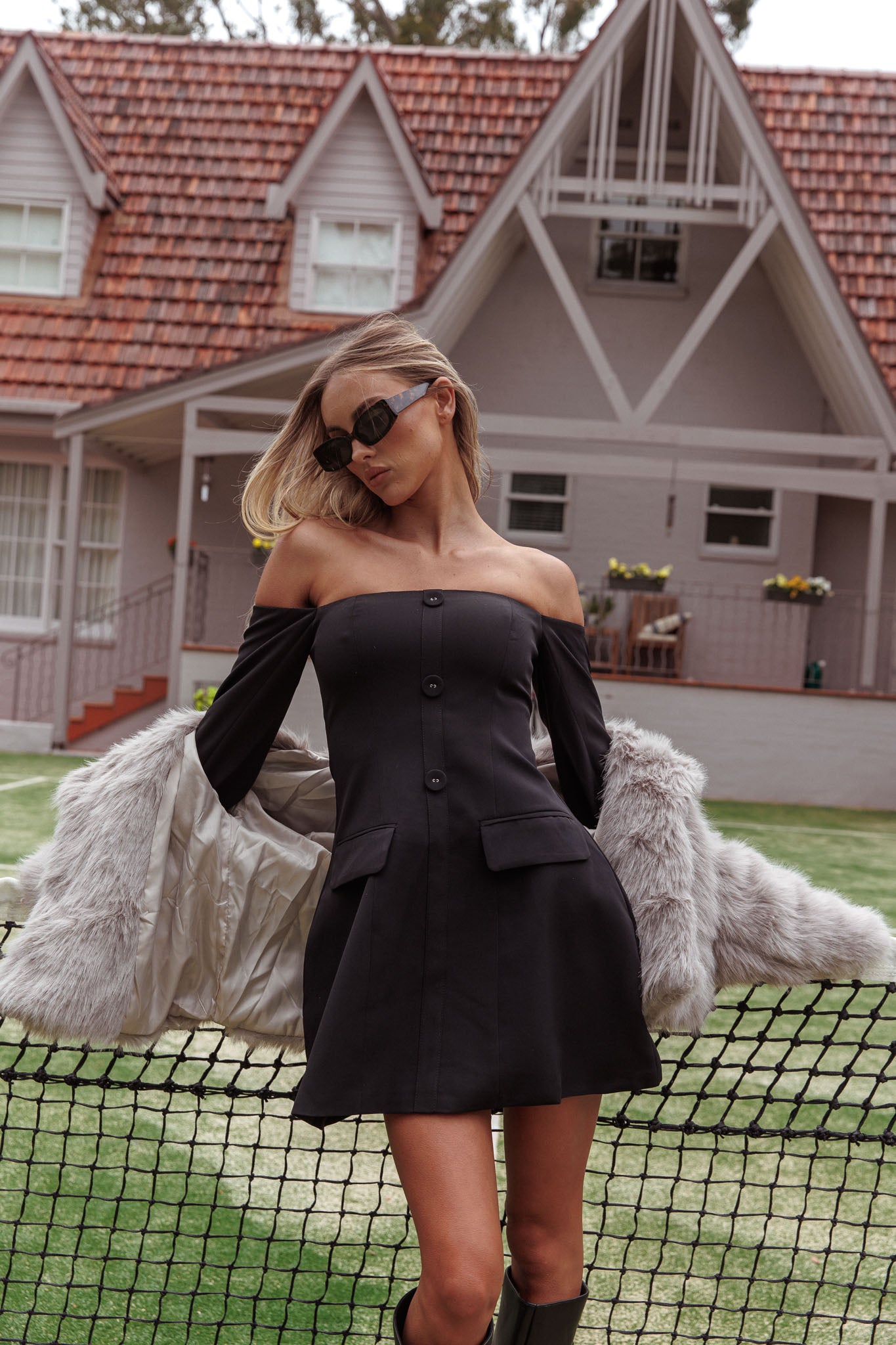 Cherry Wine Off Shoulder Mini Dress Black by Selfie Leslie Australia