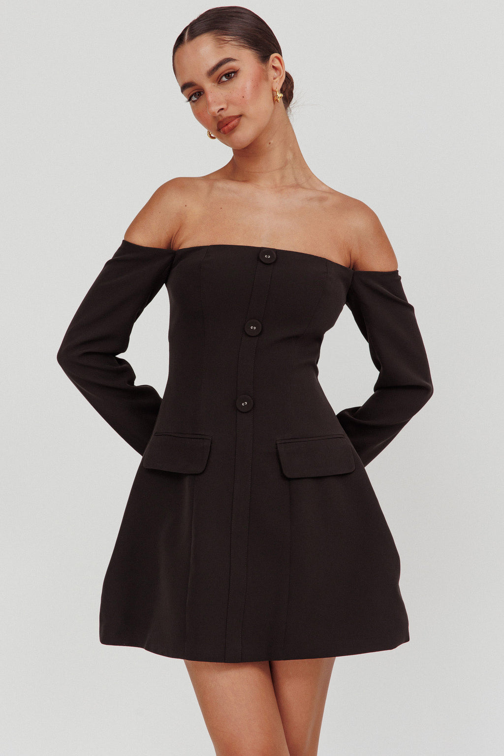 Cherry Wine Off Shoulder Mini Dress Black by Selfie Leslie Australia
