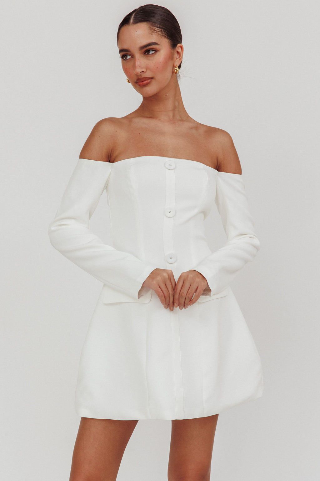 Cherry Wine Off Shoulder Mini Dress White by Selfie Leslie Australia