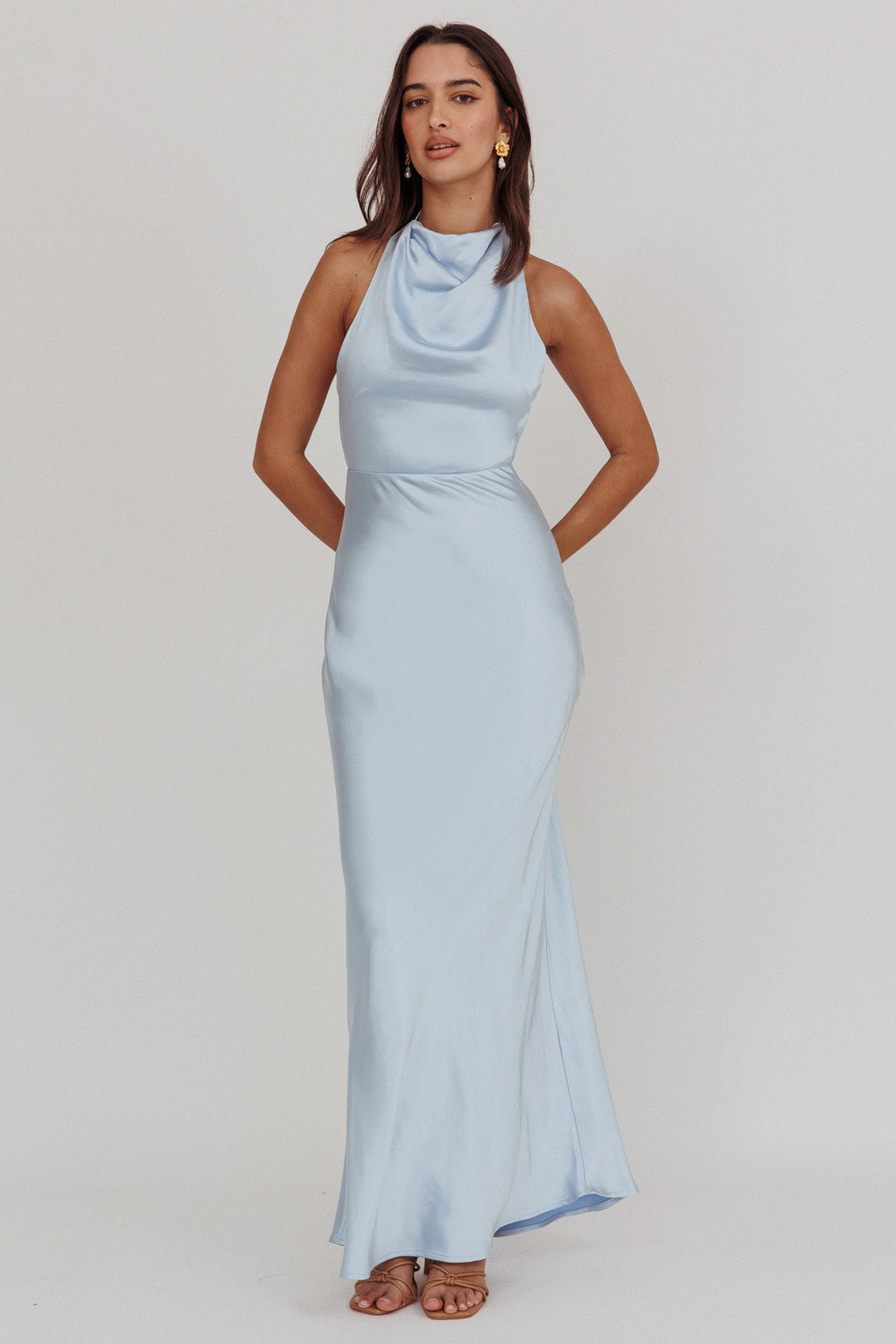 Gelato Pearl Strap Halter Maxi Dress Blue by Selfie Leslie Australia