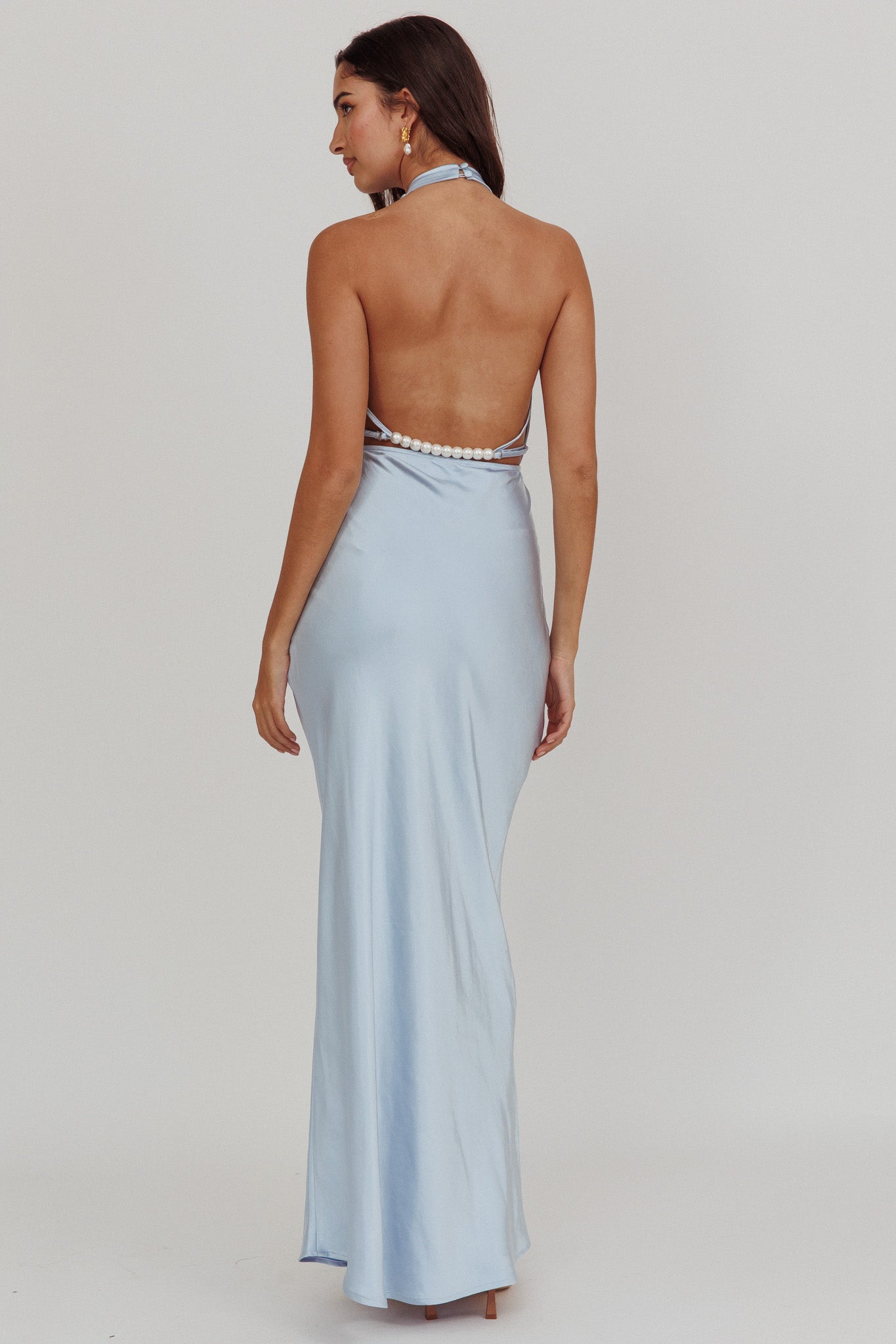Gelato Pearl Strap Halter Maxi Dress Blue by Selfie Leslie Australia