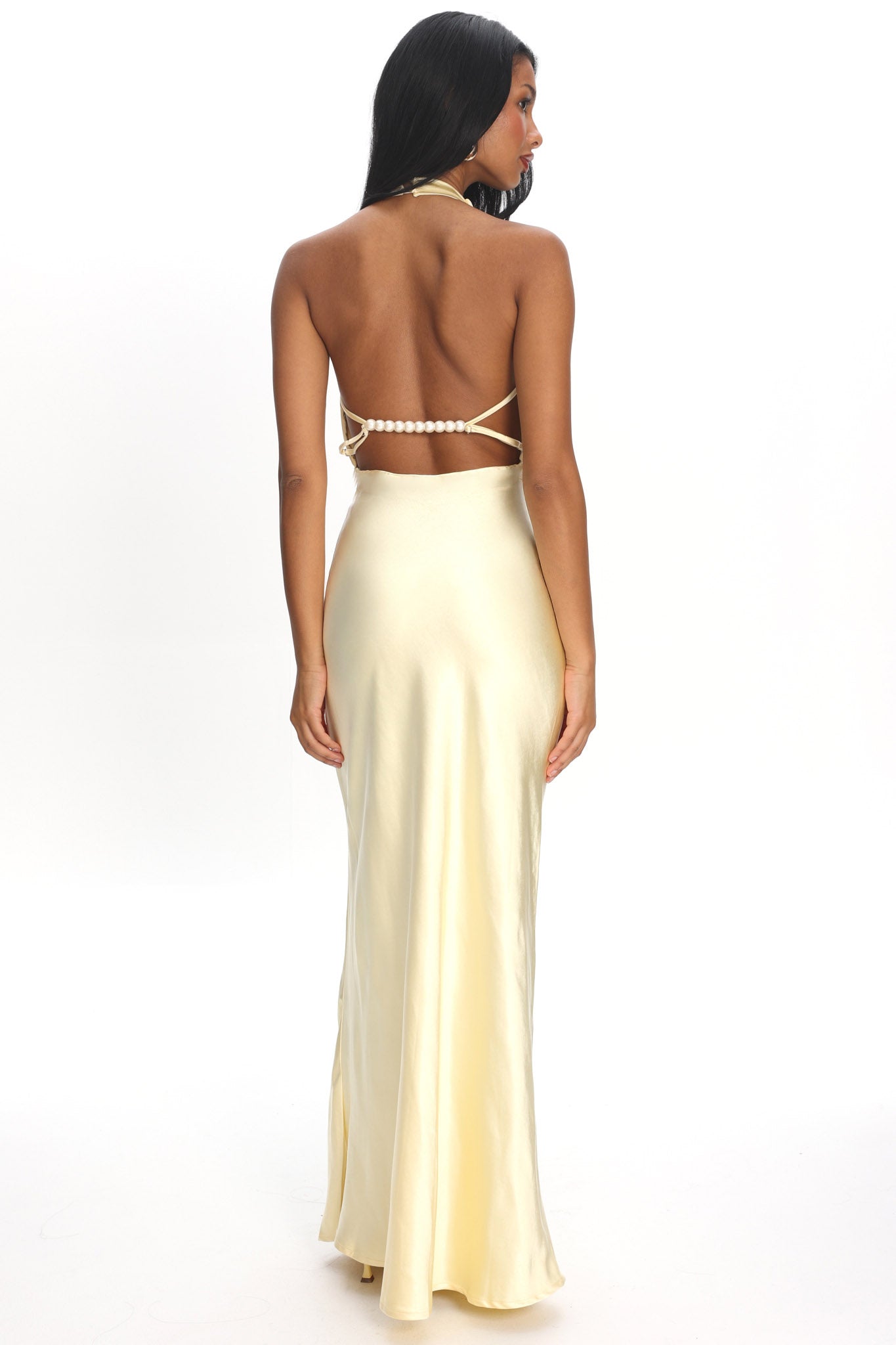 Gelato Pearl Strap Halter Maxi Dress Butter by Selfie Leslie Australia
