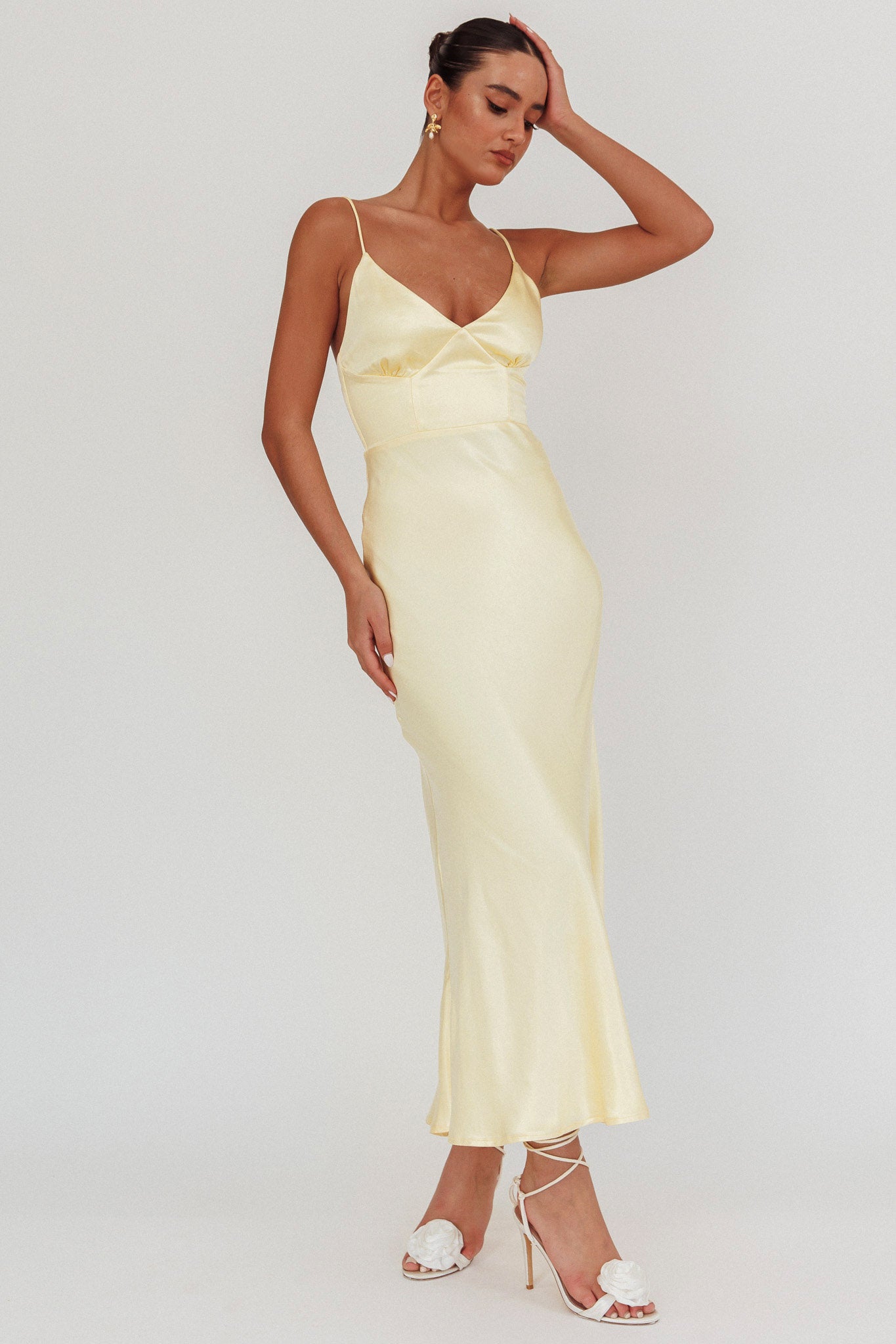 Hold Me Satin Backless Maxi Dress Lemon by Selfie Leslie Australia