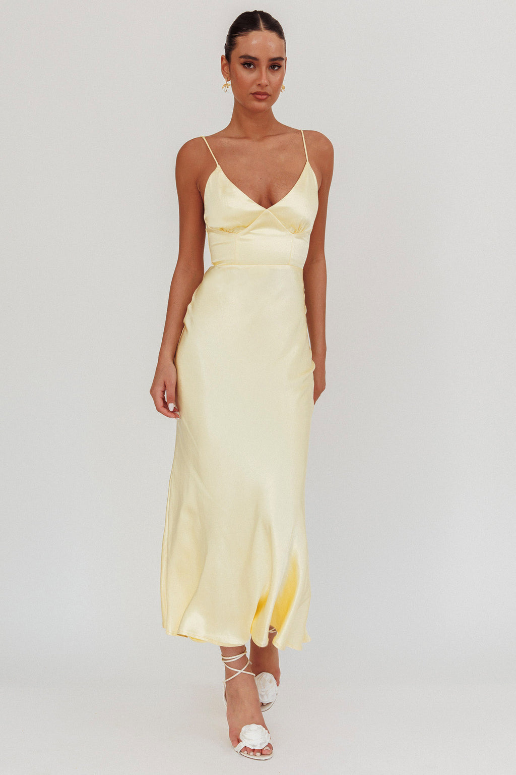 Hold Me Satin Backless Maxi Dress Lemon by Selfie Leslie Australia
