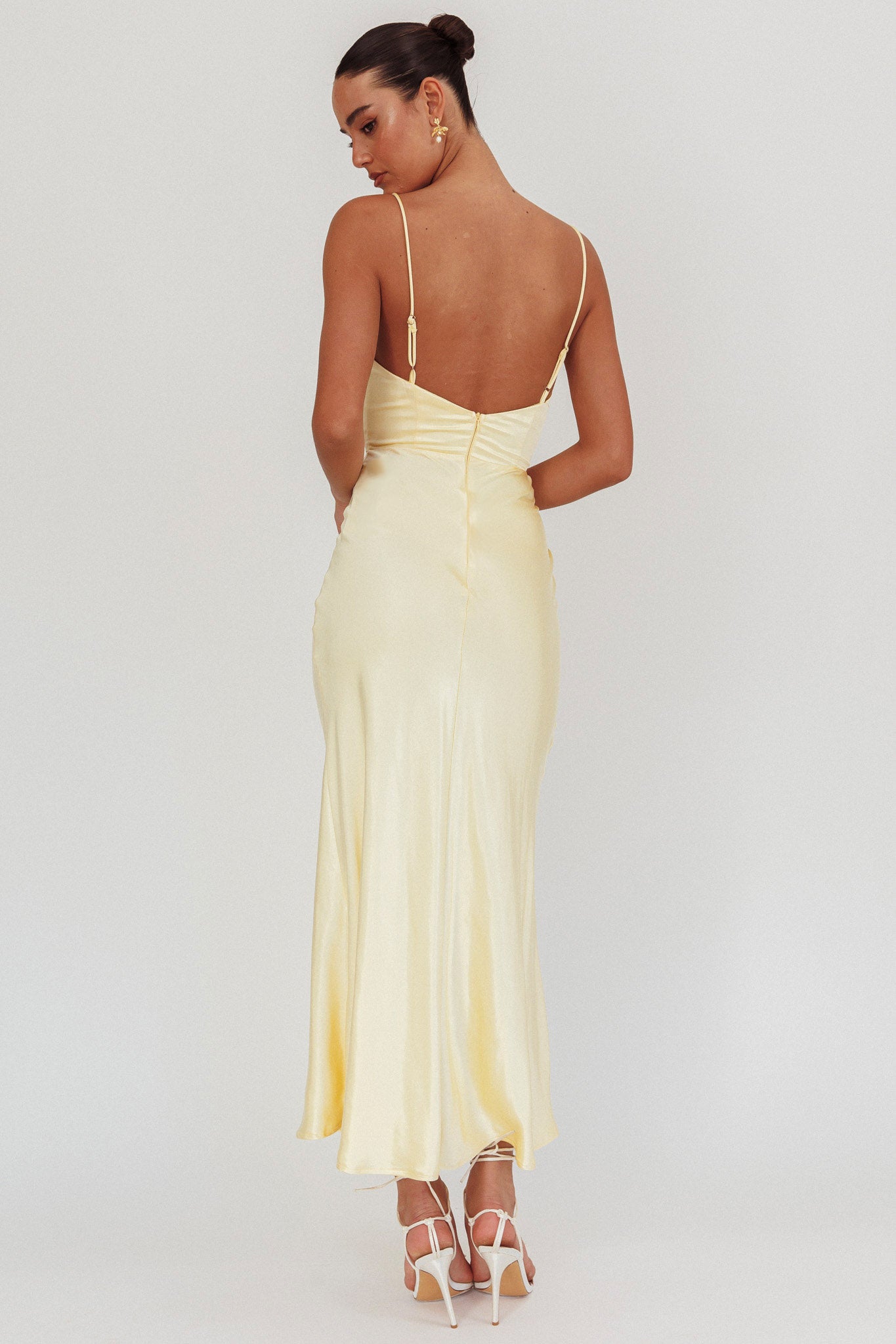 Hold Me Satin Backless Maxi Dress Lemon by Selfie Leslie Australia