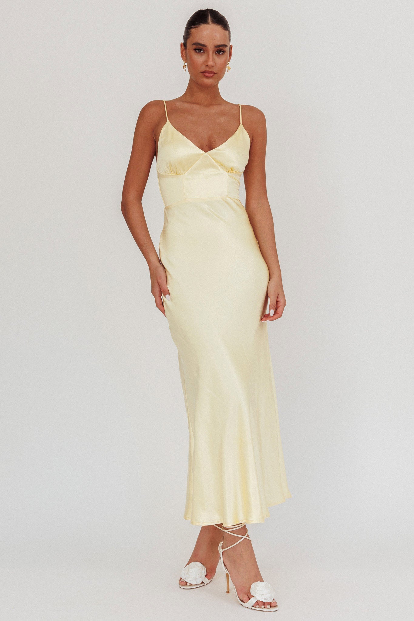 Hold Me Satin Backless Maxi Dress Lemon by Selfie Leslie Australia