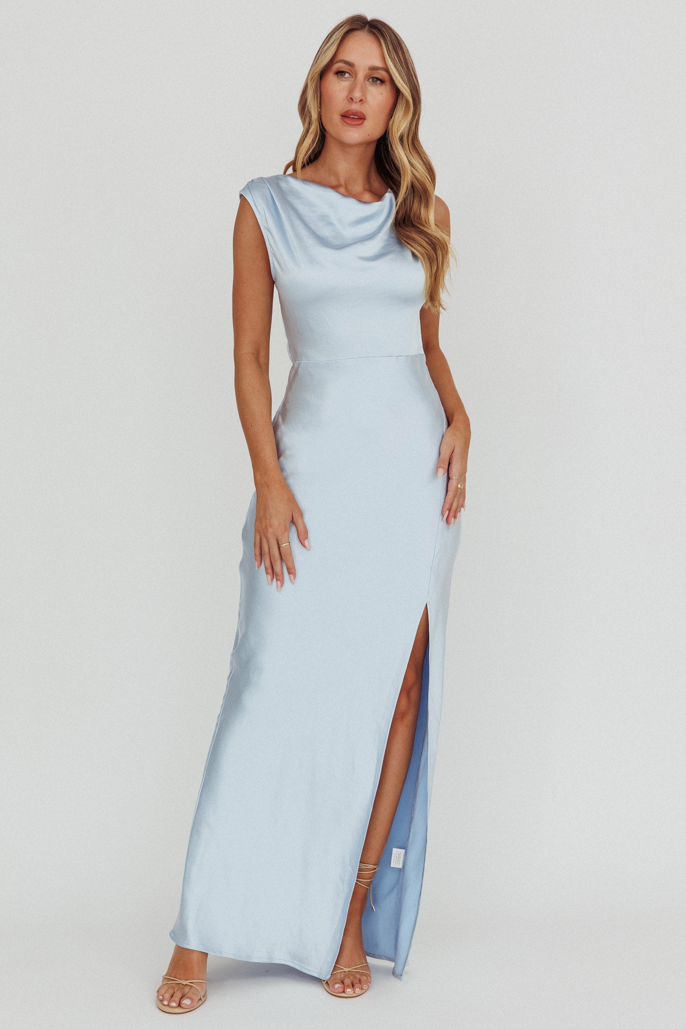 Jinora Cowl Neck Leg Slit Satin Maxi Dress Blue by Selfie Leslie Australia
