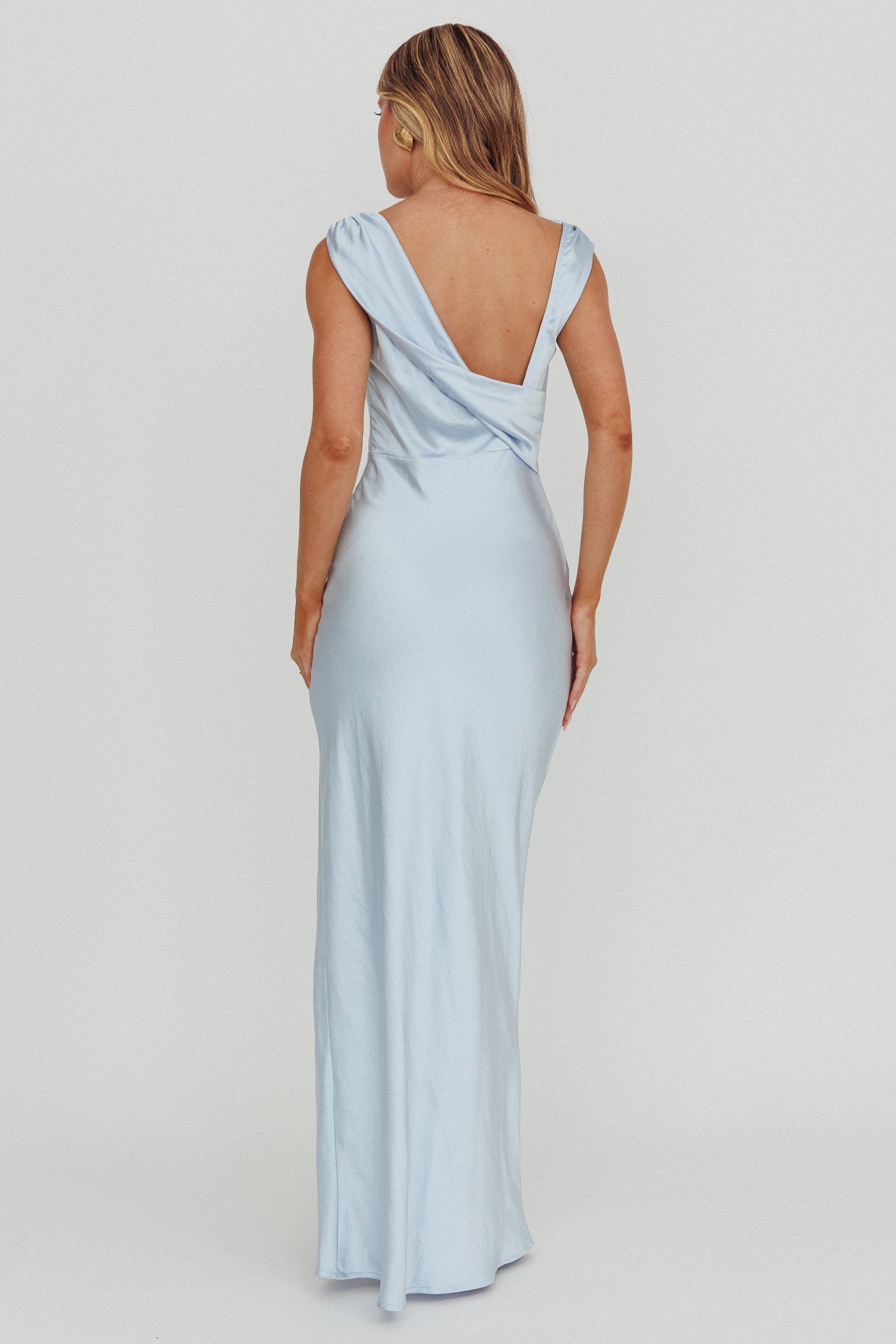 Jinora Cowl Neck Leg Slit Satin Maxi Dress Blue by Selfie Leslie Australia