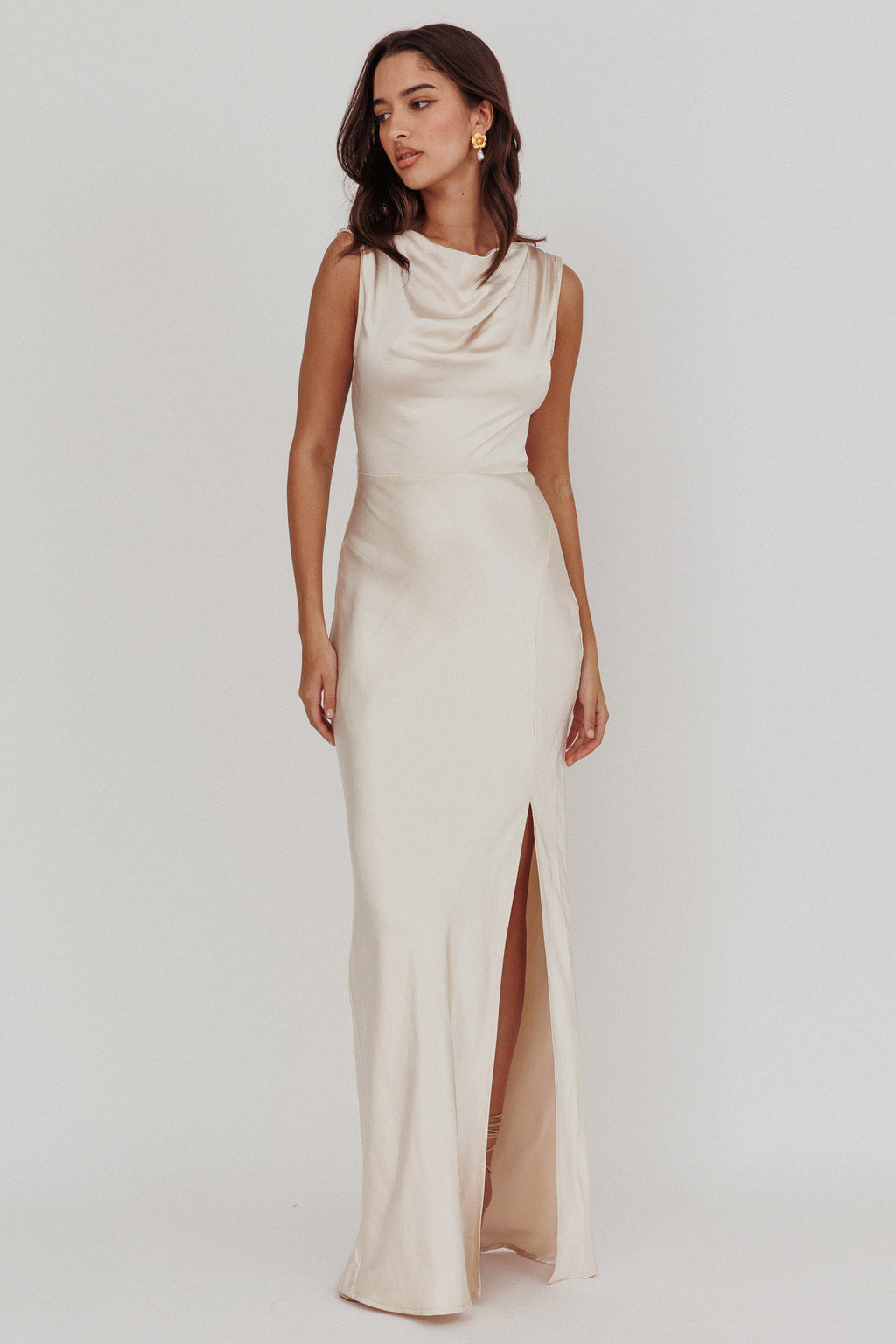 Jinora Cowl Neck Leg Slit Satin Maxi Dress by Selfie Leslie Australia