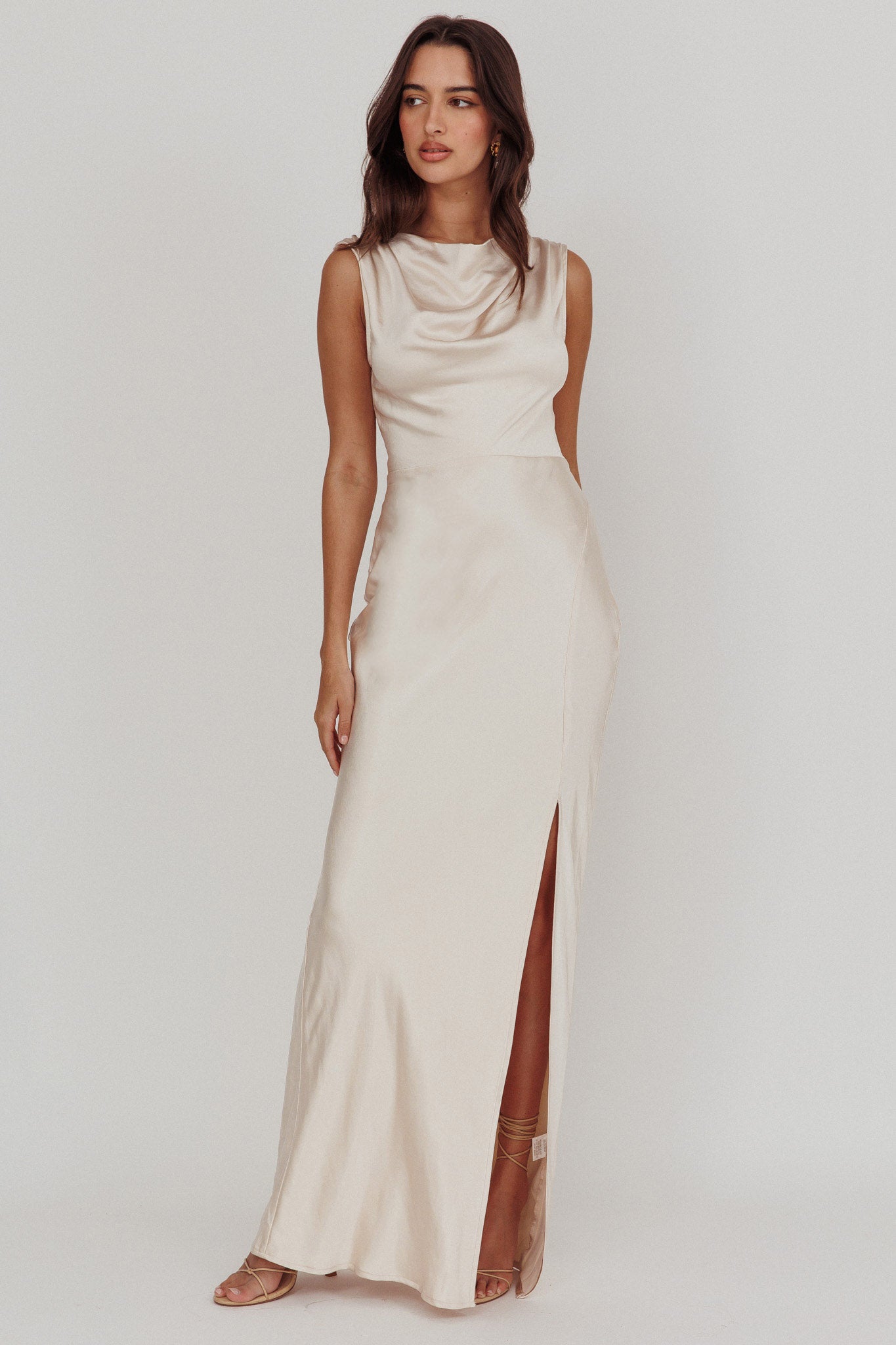 Jinora Cowl Neck Leg Slit Satin Maxi Dress by Selfie Leslie Australia