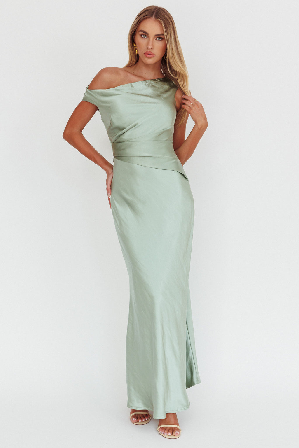 Twilight Asymmetric Neckline Maxi Dress Sage by Selfie Leslie Australia