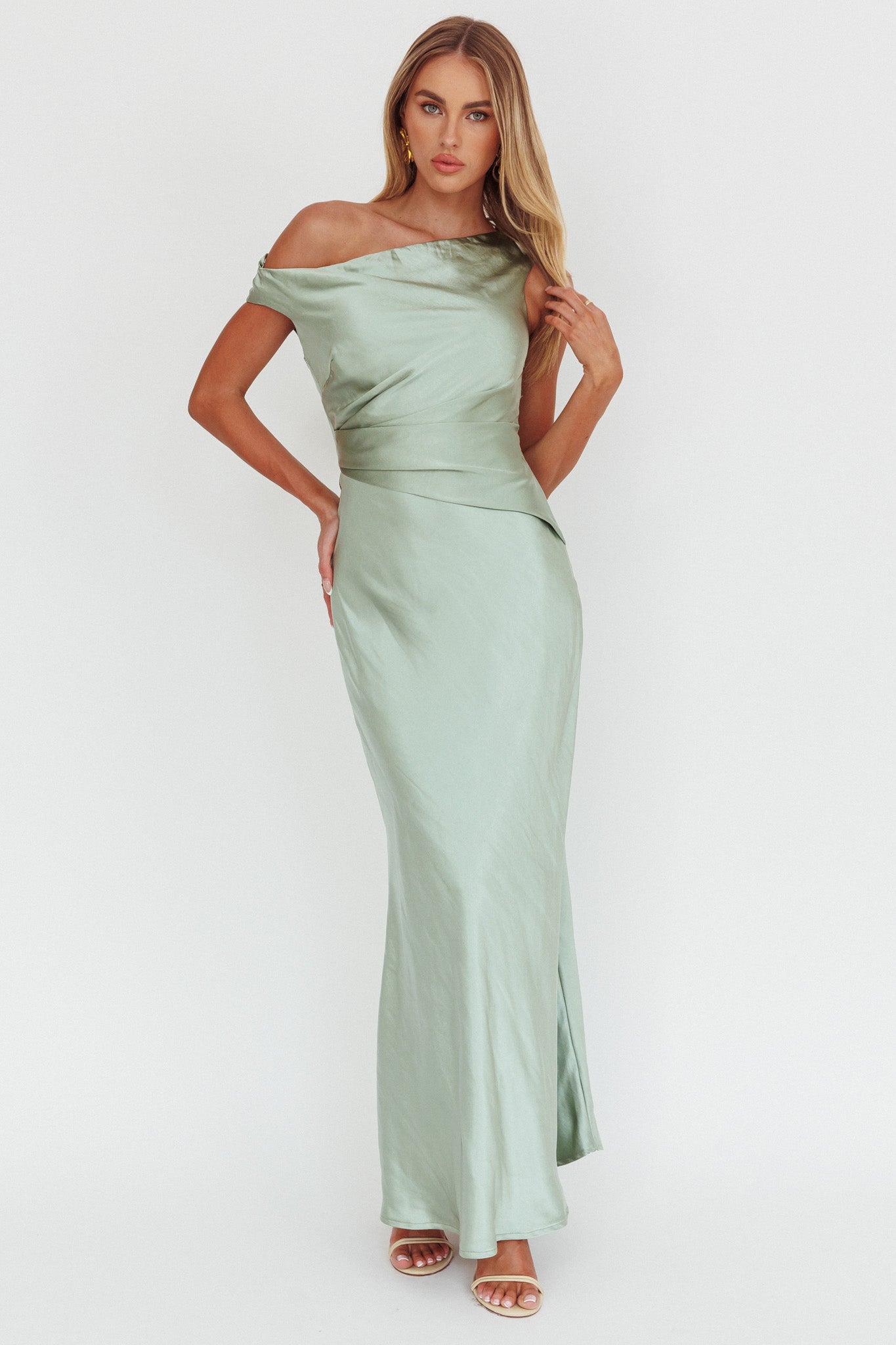 Twilight Asymmetric Neckline Maxi Dress Sage by Selfie Leslie Australia