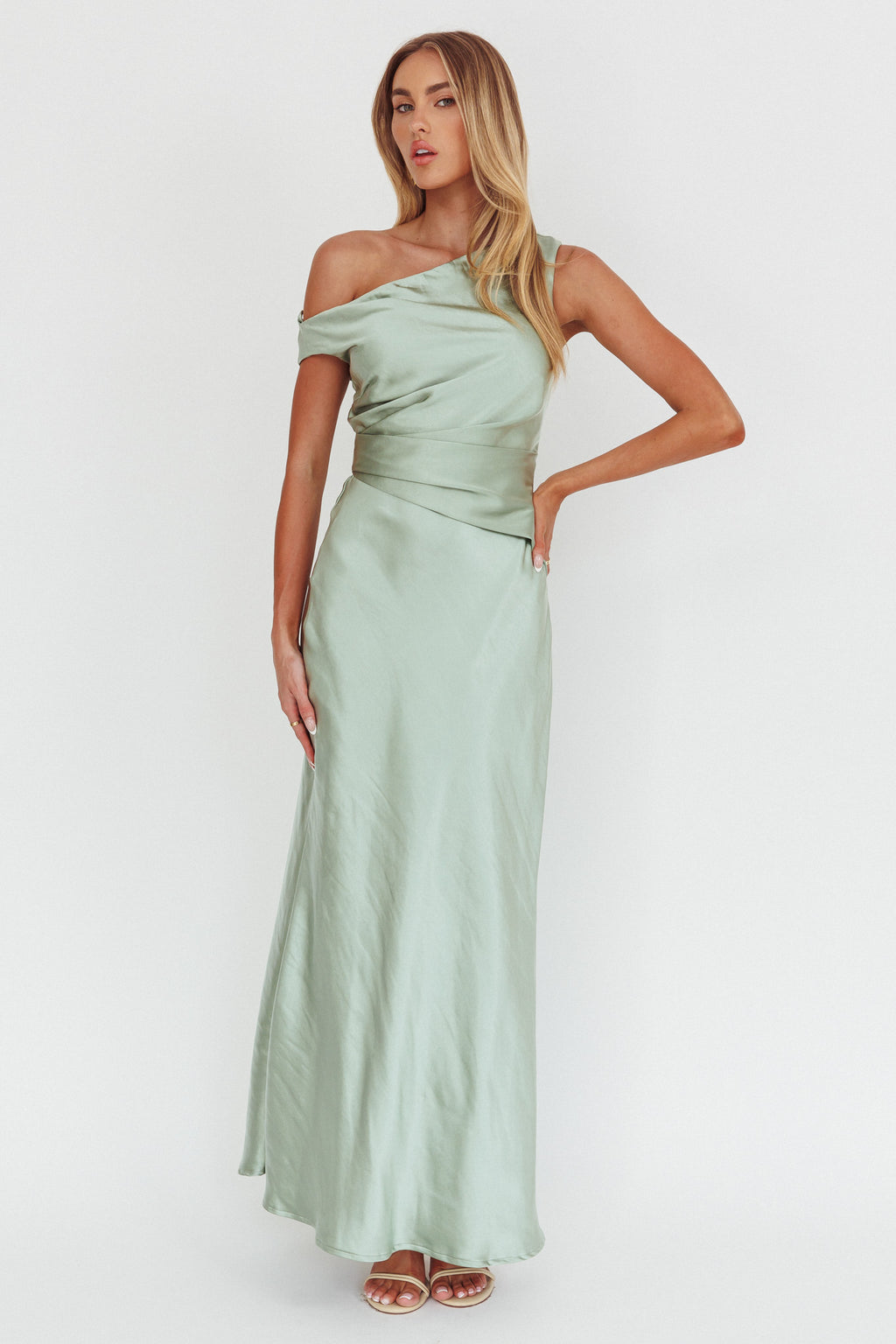 Twilight Asymmetric Neckline Maxi Dress Sage by Selfie Leslie Australia