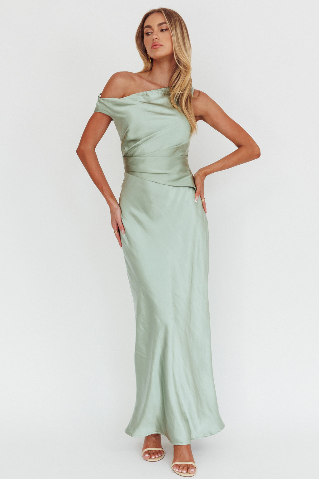 Twilight Asymmetric Neckline Maxi Dress Sage by Selfie Leslie Australia