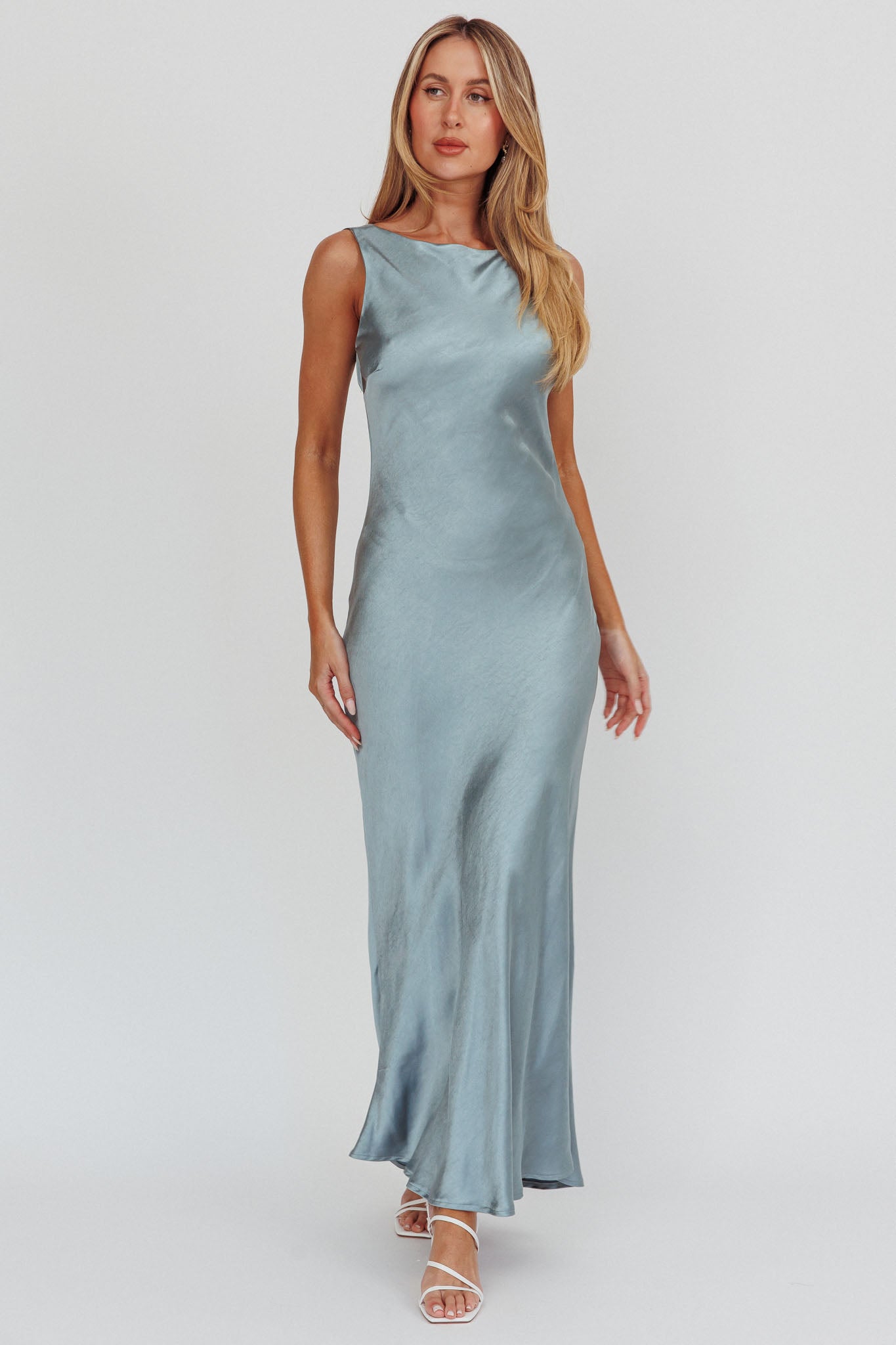 Carmine Satin Sleeveless Maxi Dress Blue by Selfie Leslie Australia