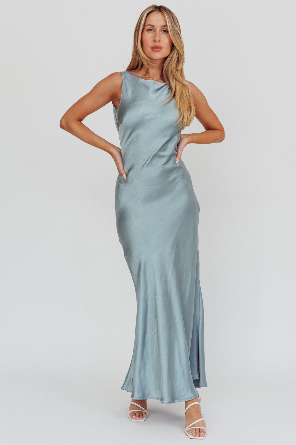 Carmine Satin Sleeveless Maxi Dress Blue by Selfie Leslie Australia