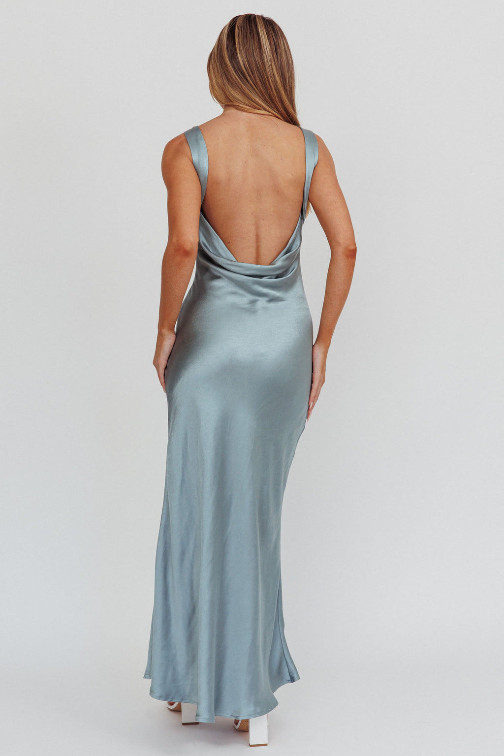 Carmine Satin Sleeveless Maxi Dress Blue by Selfie Leslie Australia
