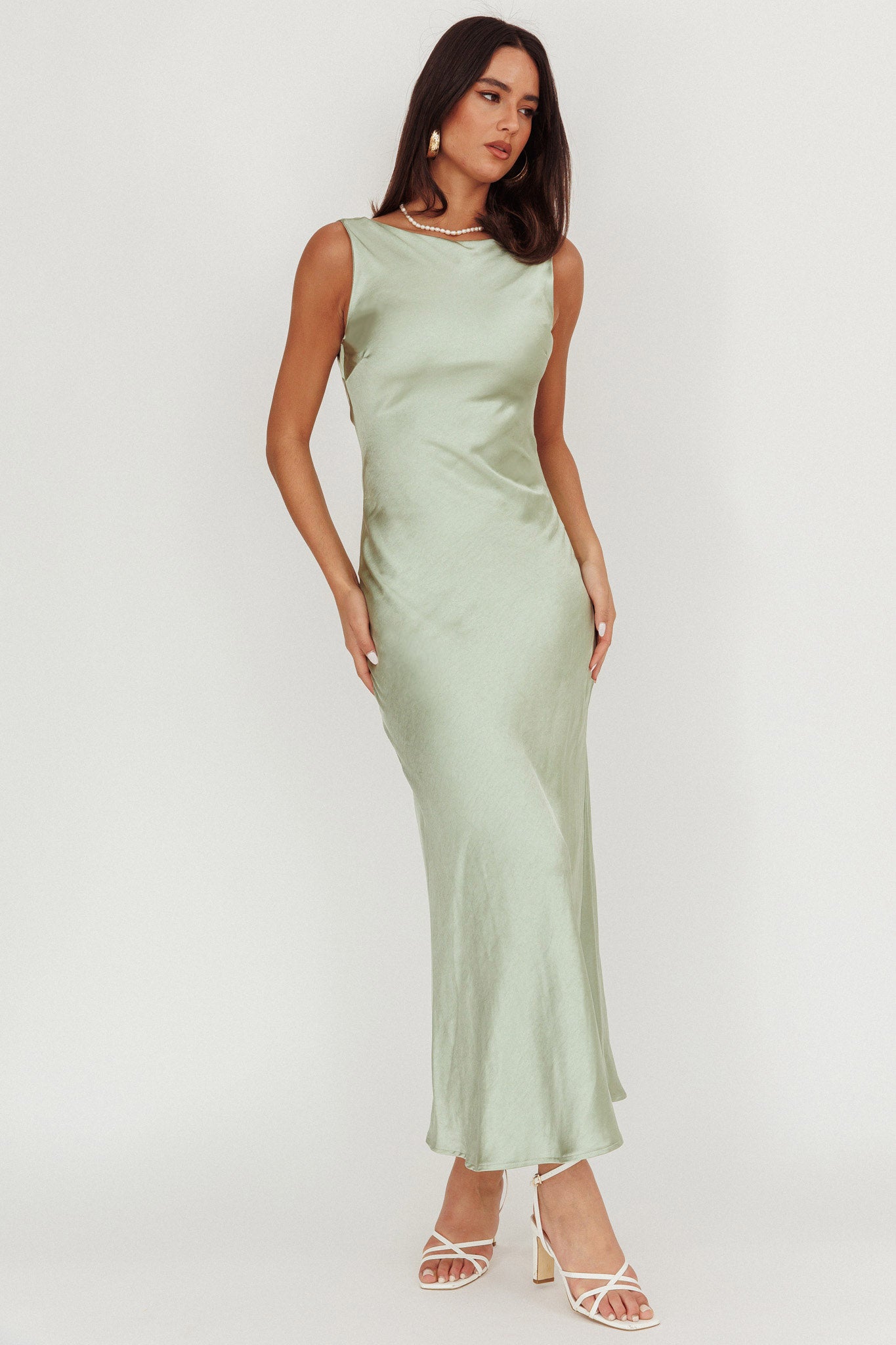 Carmine Satin Sleeveless Maxi Dress Sage by Selfie Leslie Australia