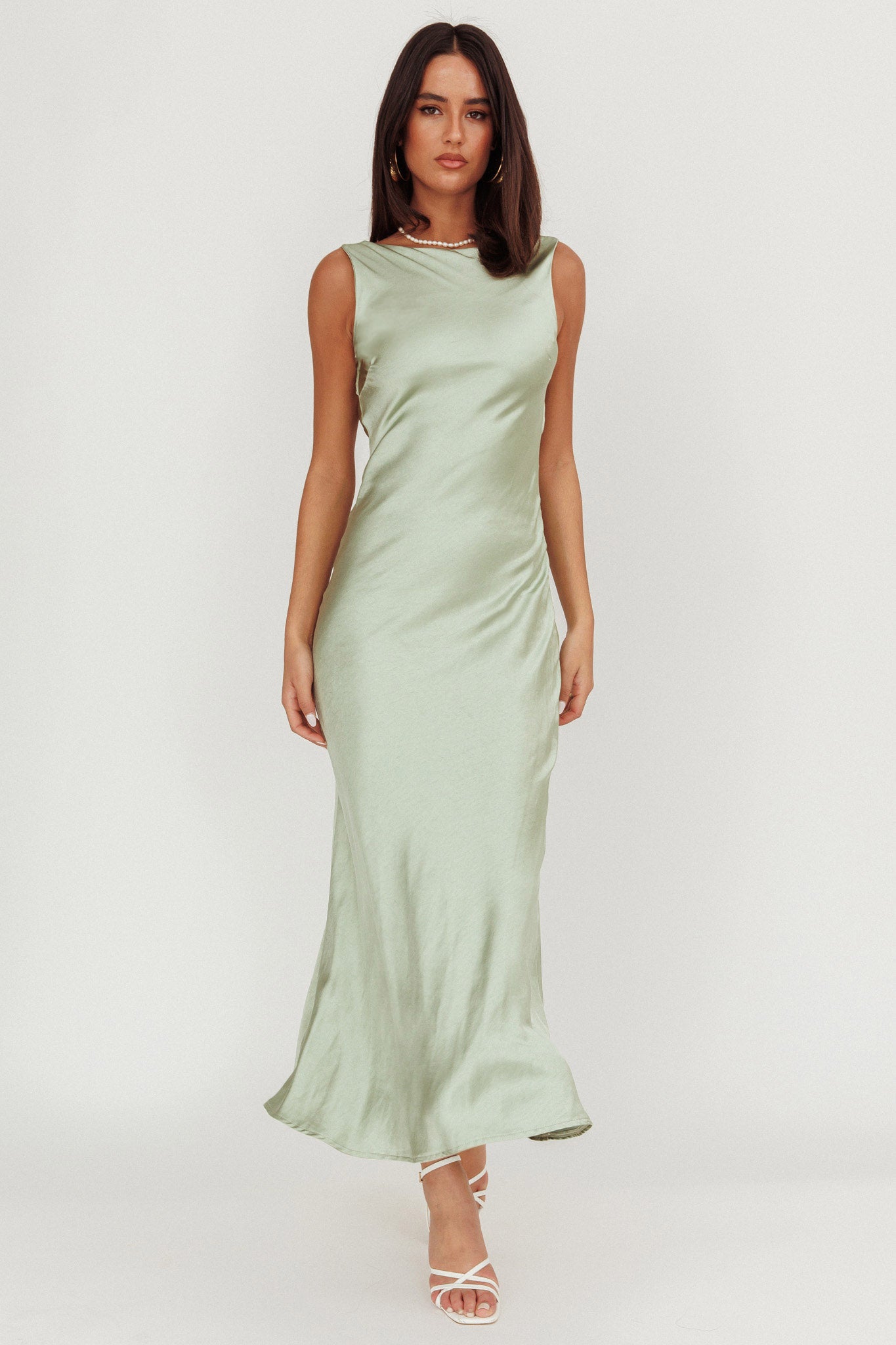 Carmine Satin Sleeveless Maxi Dress Sage by Selfie Leslie Australia