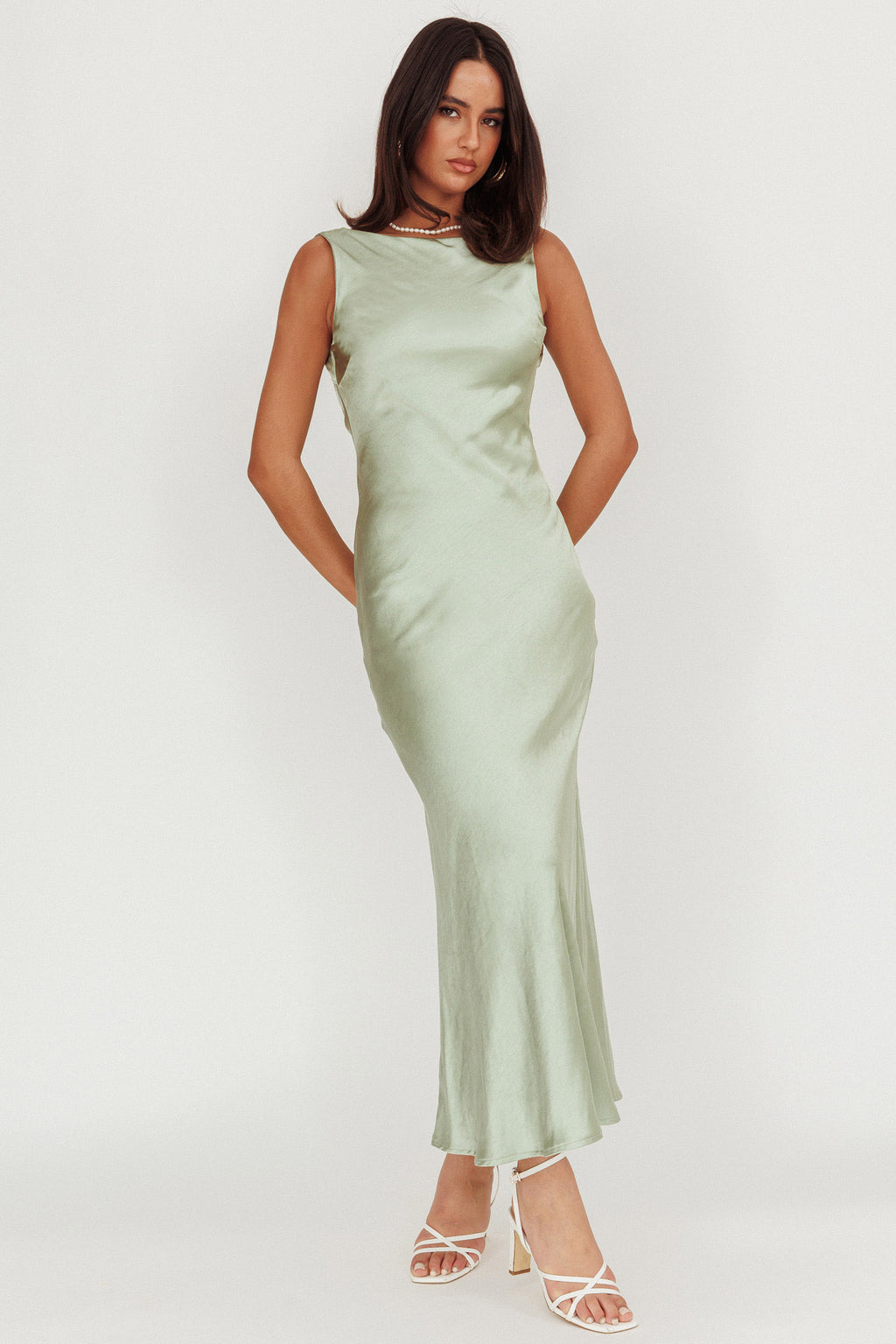 Carmine Satin Sleeveless Maxi Dress Sage by Selfie Leslie Australia
