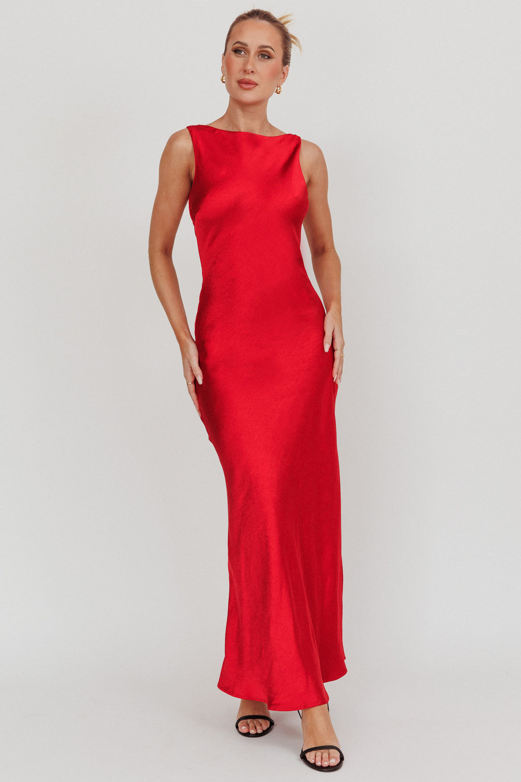 Carmine Satin Sleeveless Maxi Dress Wine by Selfie Leslie Australia