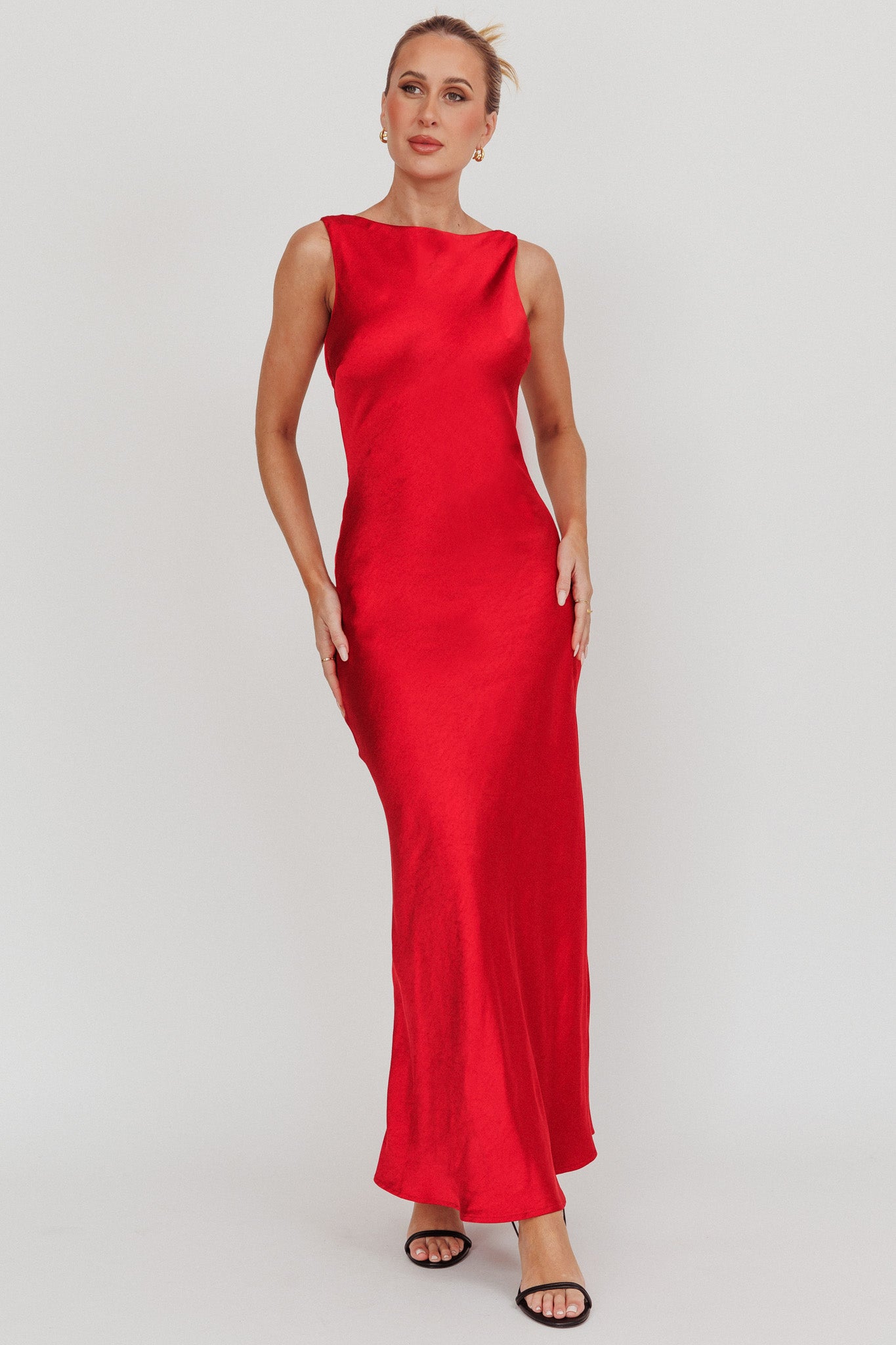 Carmine Satin Sleeveless Maxi Dress Wine by Selfie Leslie Australia