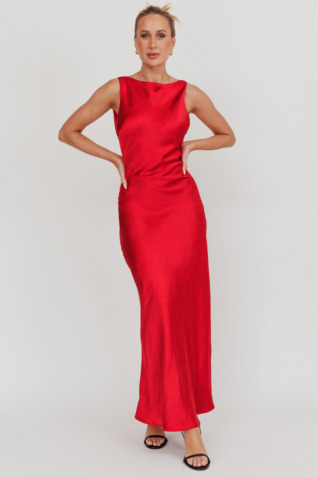 Carmine Satin Sleeveless Maxi Dress Wine by Selfie Leslie Australia