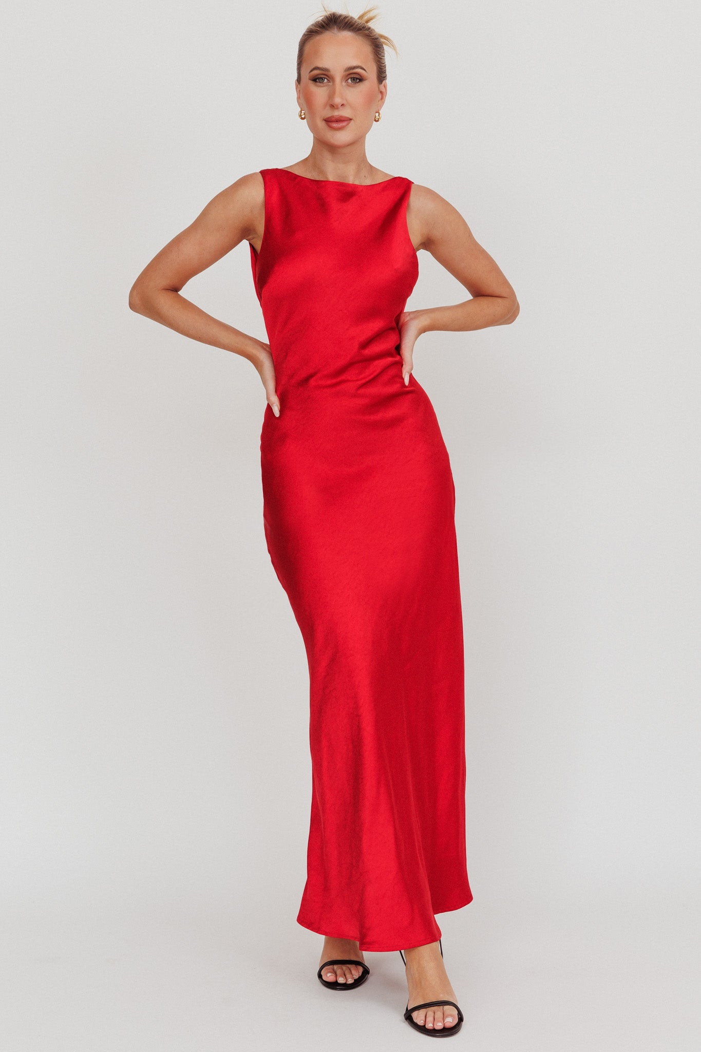 Carmine Satin Sleeveless Maxi Dress Wine by Selfie Leslie Australia