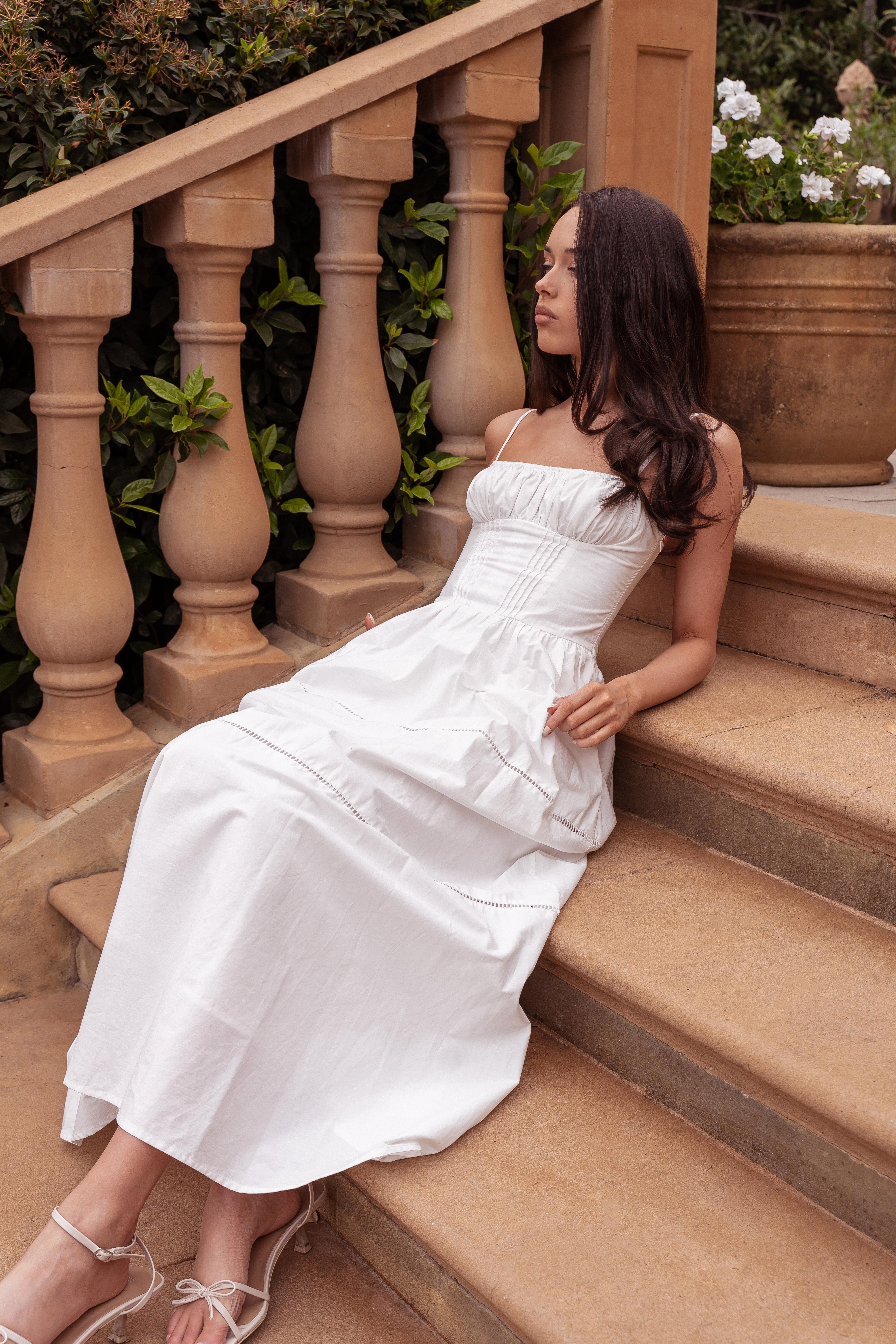 Heavenly Glow Gathered Bust A-Line Maxi Dress Off White by Selfie Leslie Australia
