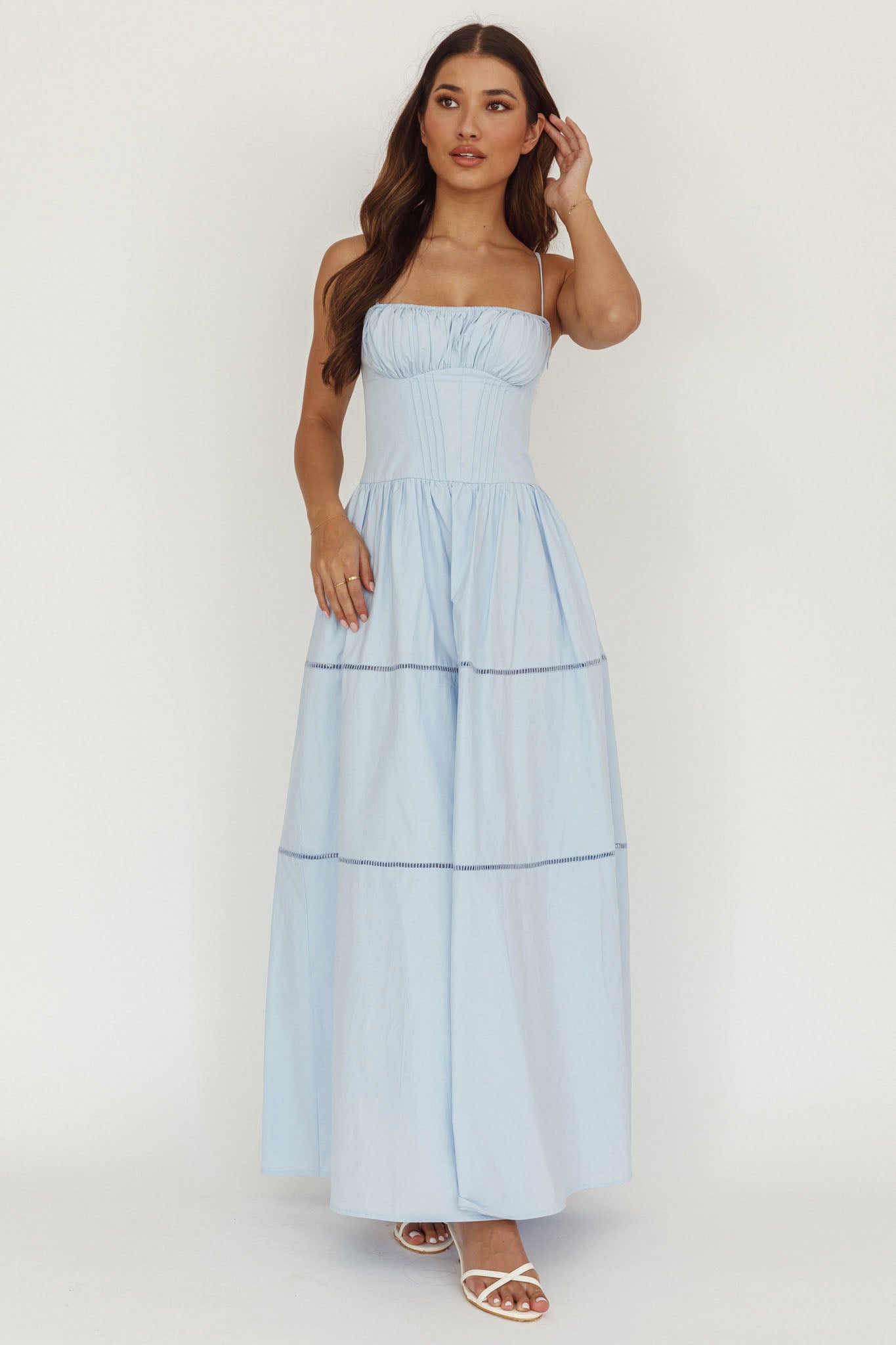 Heavenly Glow Gathered Bust A-Line Maxi Dress Blue by Selfie Leslie Australia
