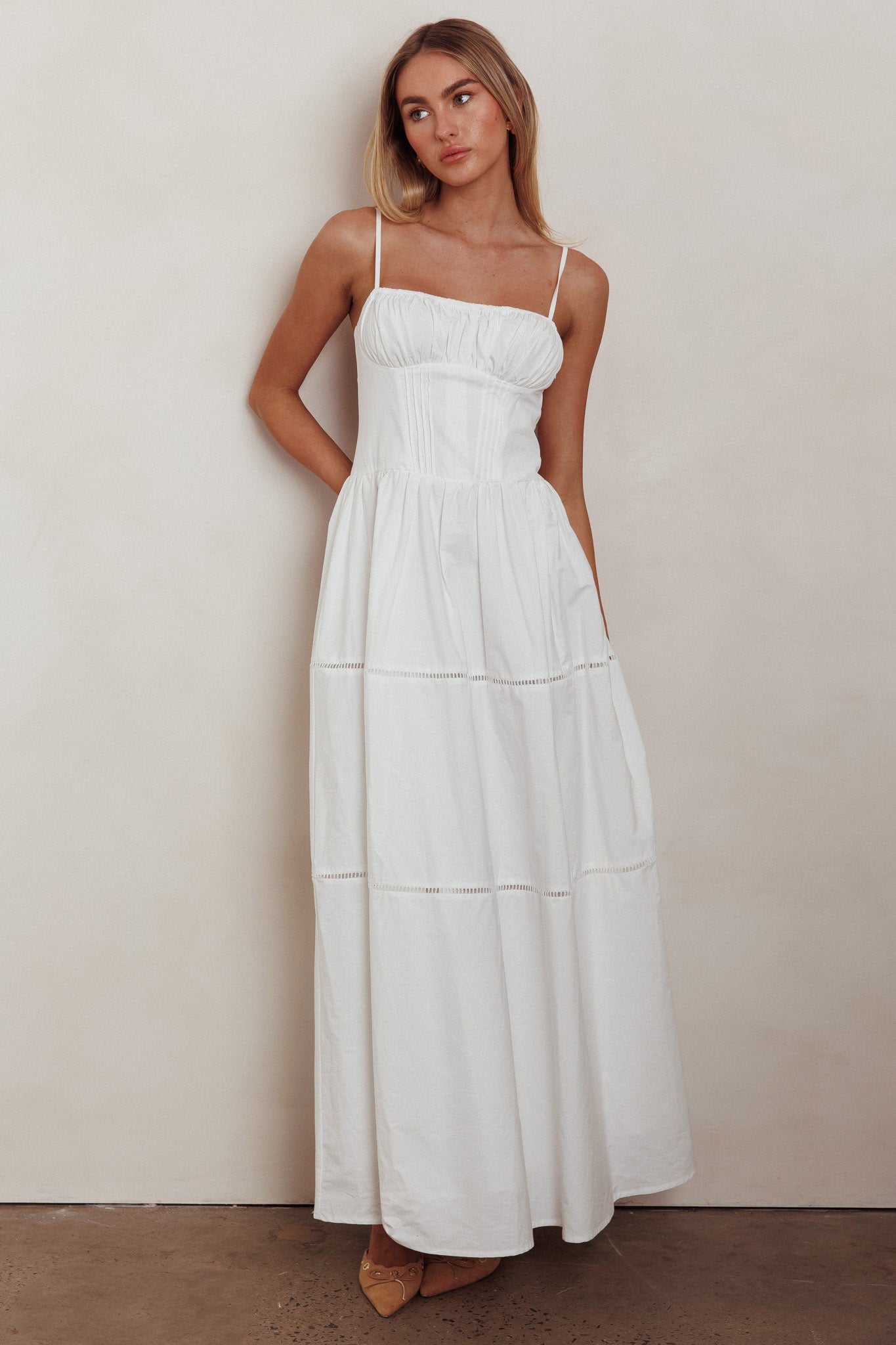 Heavenly Glow Gathered Bust A-Line Maxi Dress Off White by Selfie Leslie Australia