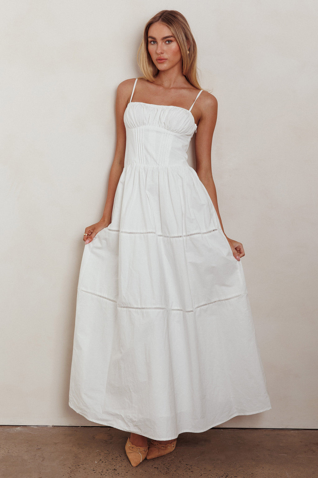 Heavenly Glow Gathered Bust A-Line Maxi Dress Off White by Selfie Leslie Australia
